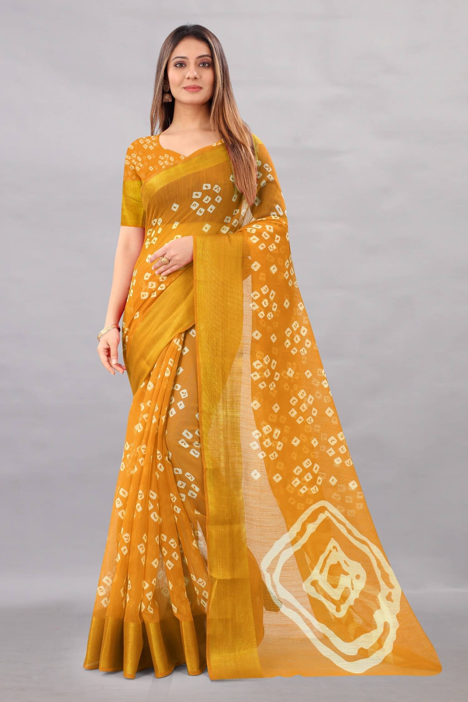     			Vkaran Cotton Silk Printed Saree With Unstitched Blouse Piece ( Yellow )