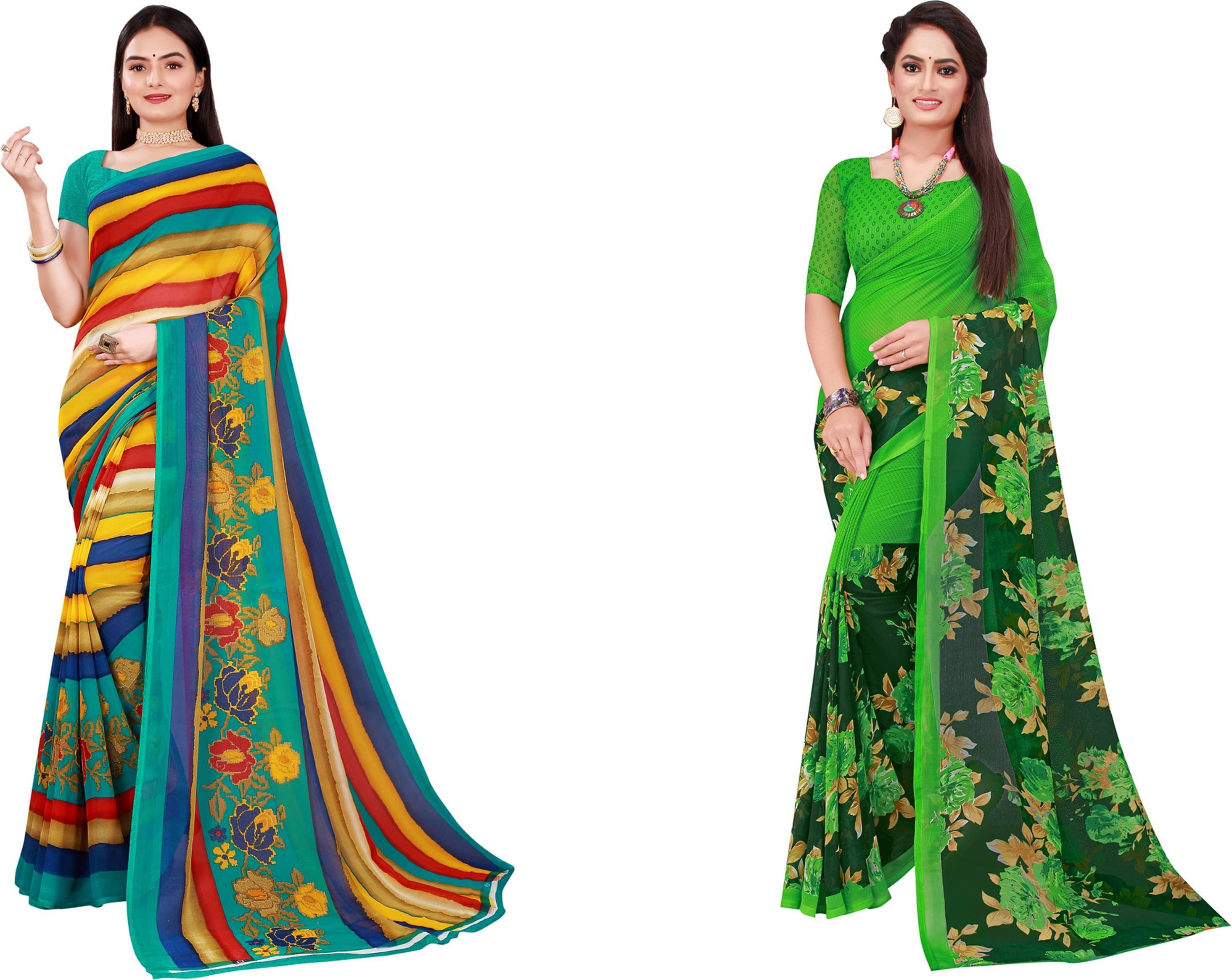     			Vkaran Georgette Printed Saree With Unstitched Blouse Piece ( Brown )