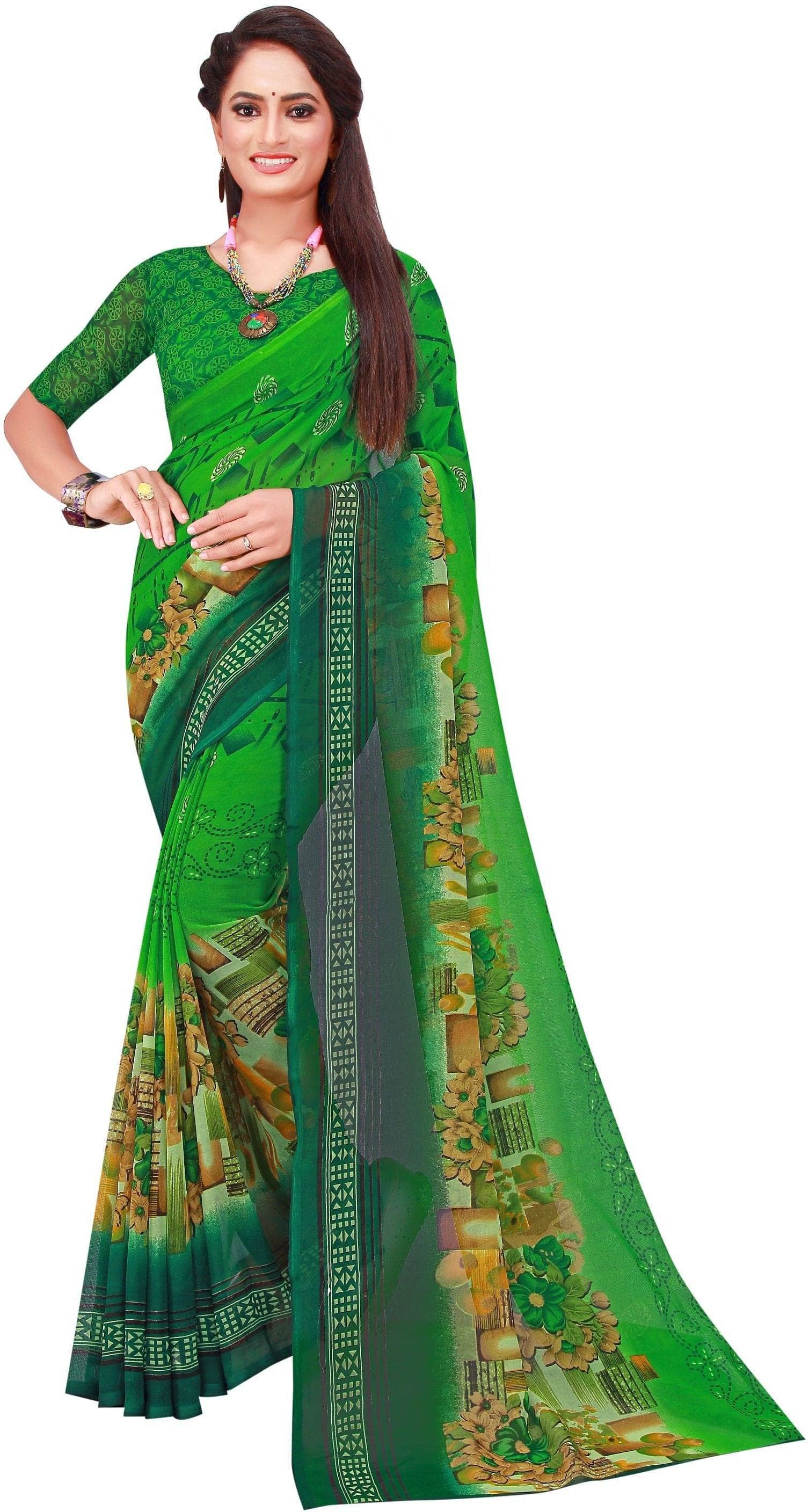 Vkaran Georgette Printed Saree With Unstitched Blouse Piece ( Green ) - Sarees | Buy online on ZillyBuy