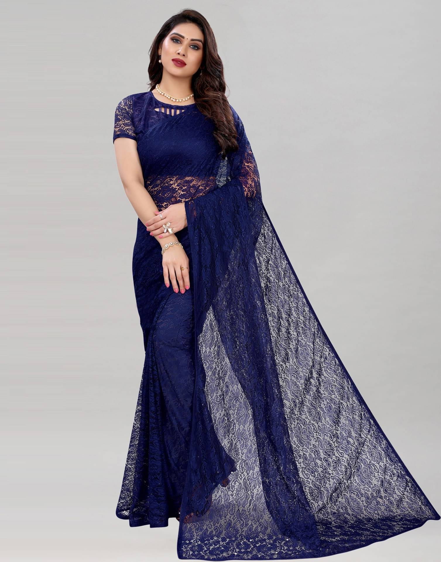     			Vkaran Net Cut Outs Saree With Unstitched Blouse Piece ( Navy Blue )