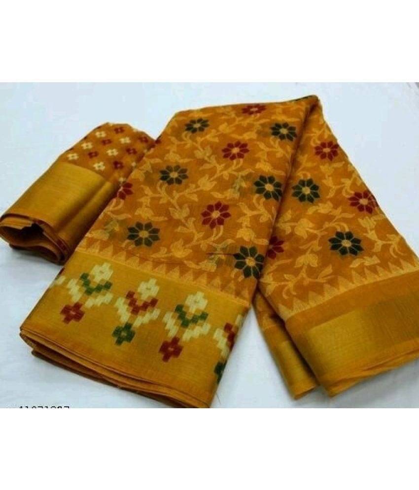     			Vkaran Net Cut Outs Saree With Unstitched Blouse Piece ( Yellow )