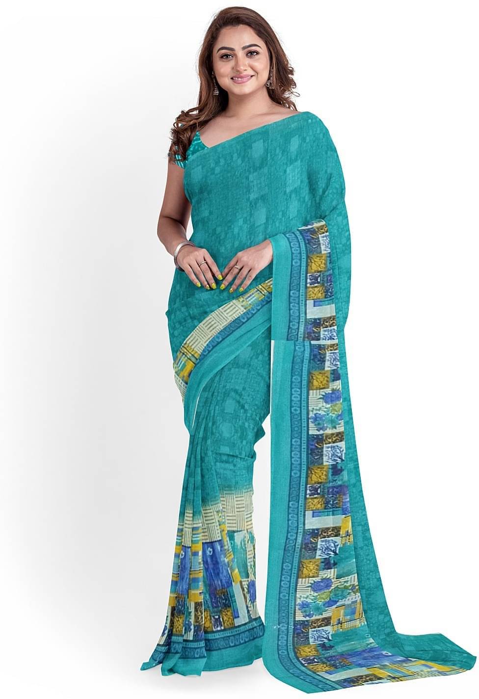     			Vkaran Net Cut Outs Saree With Unstitched Blouse Piece ( Brown )