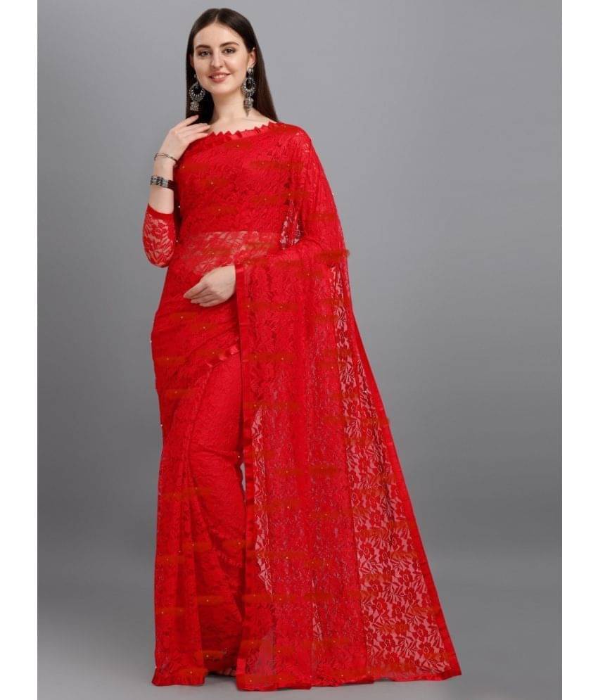     			Vkaran Net Embroidered Saree With Unstitched Blouse Piece ( Red )