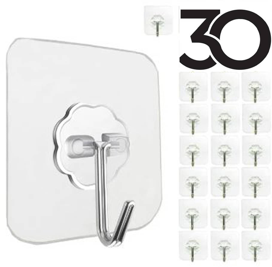     			Wall Hooks, Pack of 30, for Kitchen, Bathroom, Waterproof, Oilproof, Heavy Duty Transparent Hooks (30)