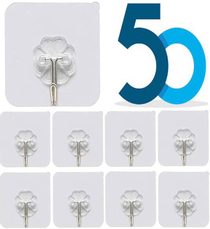     			Wall Hooks Without Drilling Hanger for Clothes Traceless Sticky,Heavy Duty Hook Transparent Reusable Waterproof Oilproof Photo Frame Coat Keys Hanging Robe (Pack of 50)