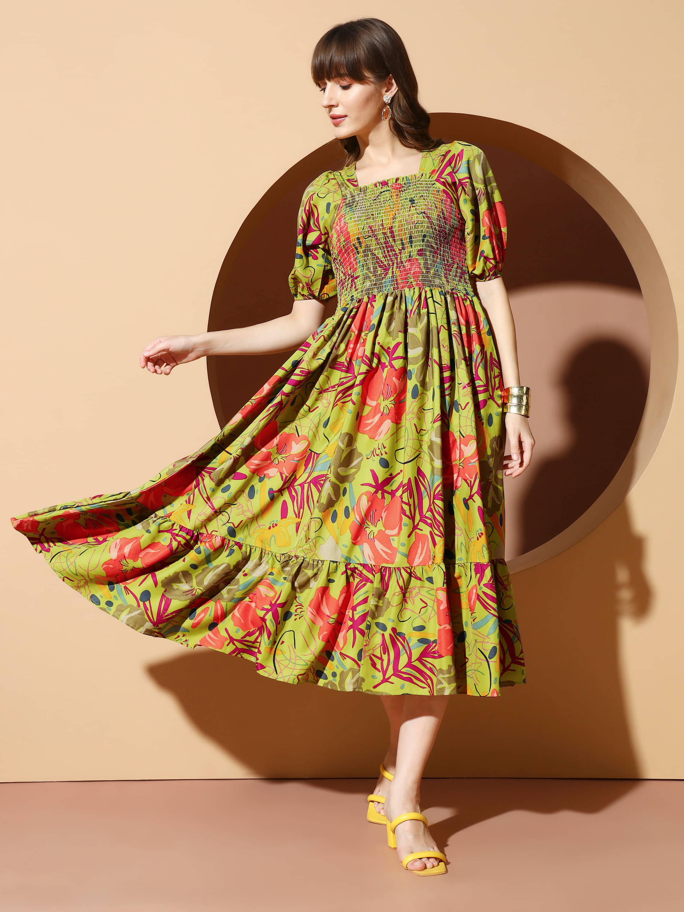     			ZWERLON Women Polyester Printed A-line Dress ( Green )