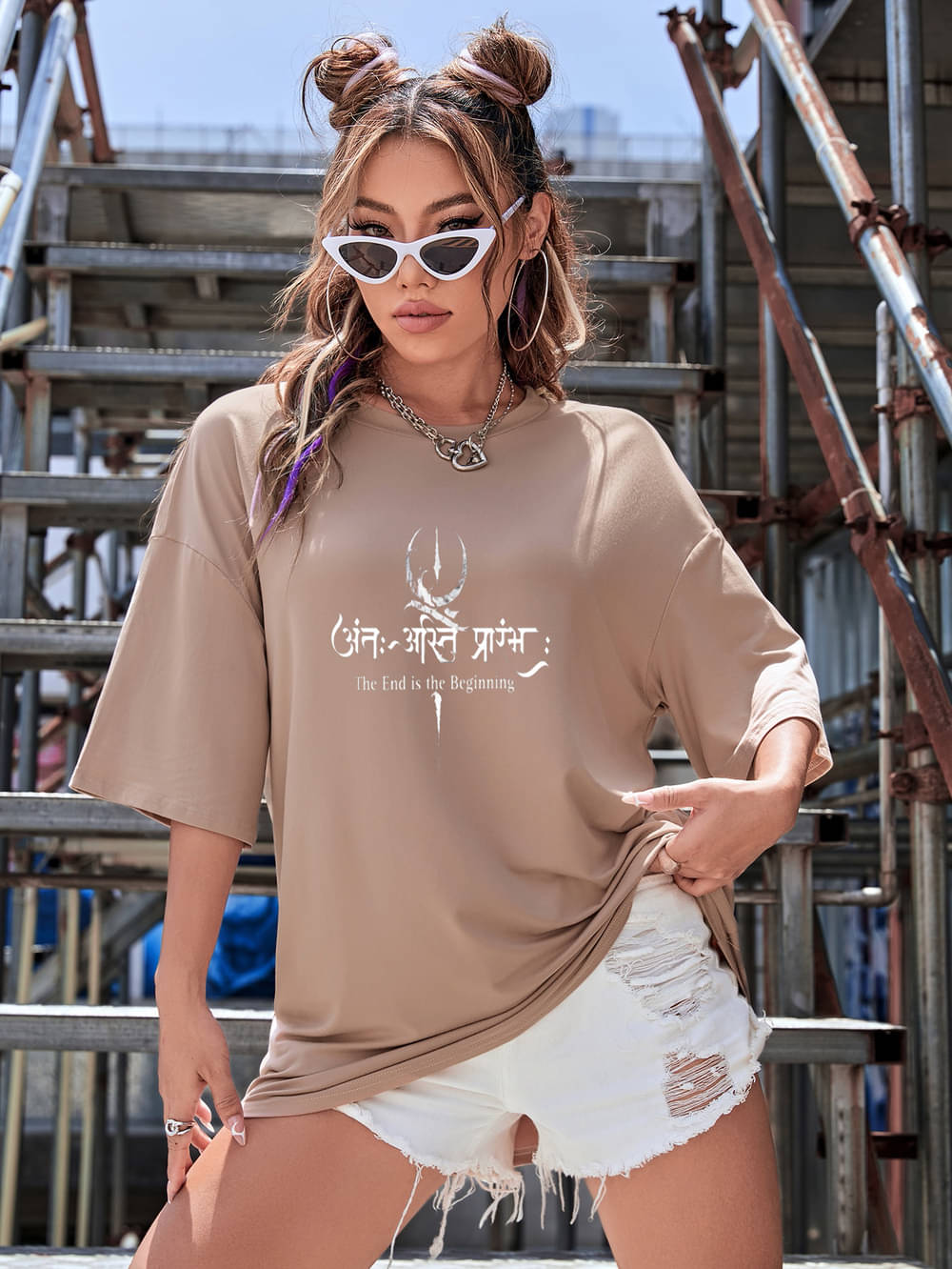 clafoutis Women Cotton Blend Printed Oversized Fit Round Neck T-Shirt ( Beige )     			clafoutis Women Cotton Blend Printed Oversized Fit Round Neck T-Shirt ( Beige )
