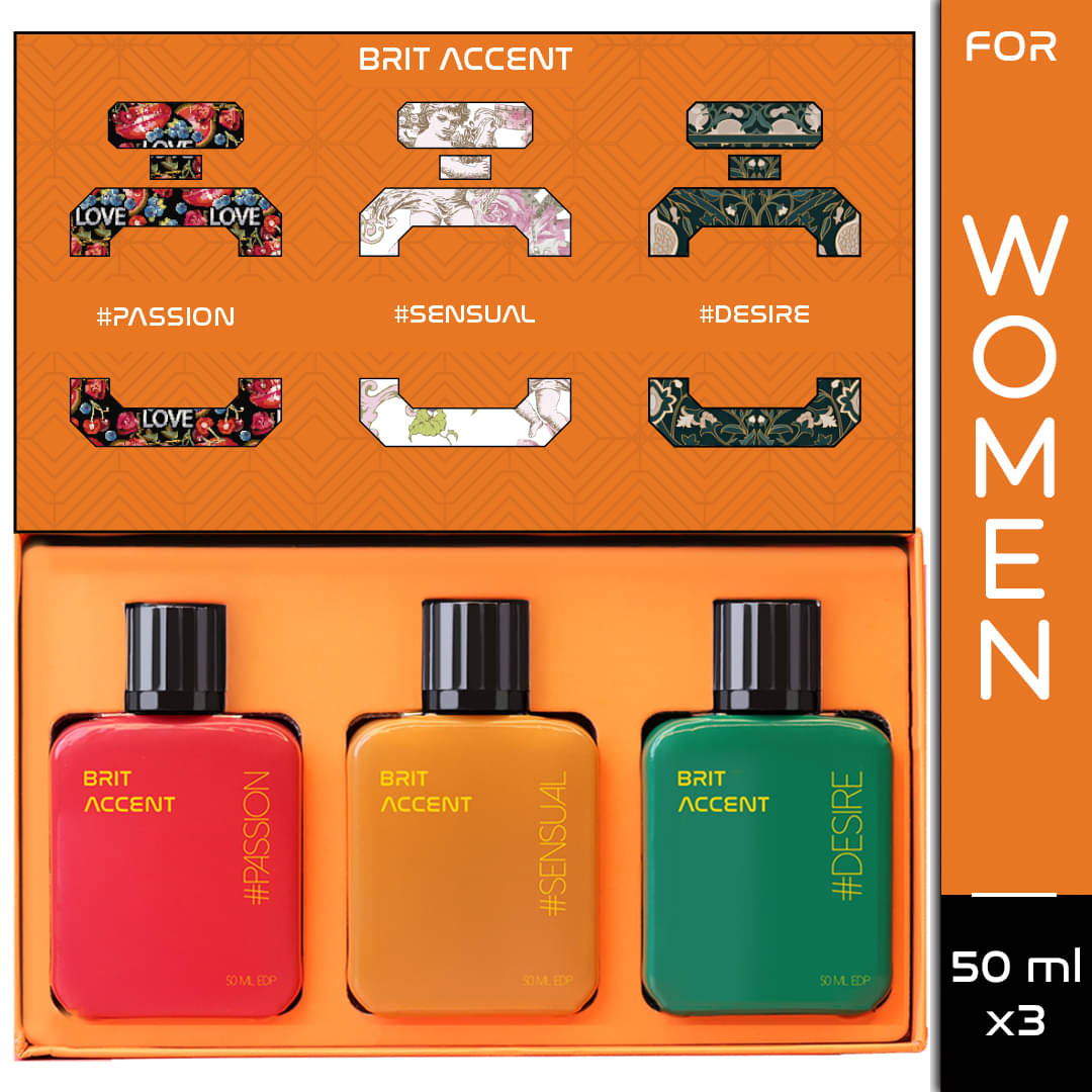 Brit Accent Eau De Parfum (EDP) Woody,Fruity,Oriental Strong -Fragrance For Women ( Pack of 3 )     			Brit Accent Eau De Parfum (EDP) Woody,Fruity,Oriental Strong -Fragrance For Women ( Pack of 3 )