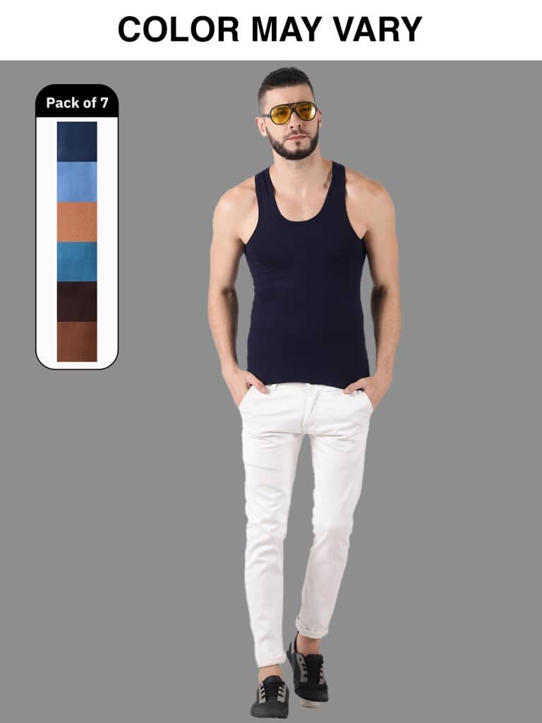 Dollar Lehar Men Combed Cotton Round Neck Vest - Pack of 7 - (Colour may Vary) - Nightwear & Loungewear | Buy online on ZillyBuy