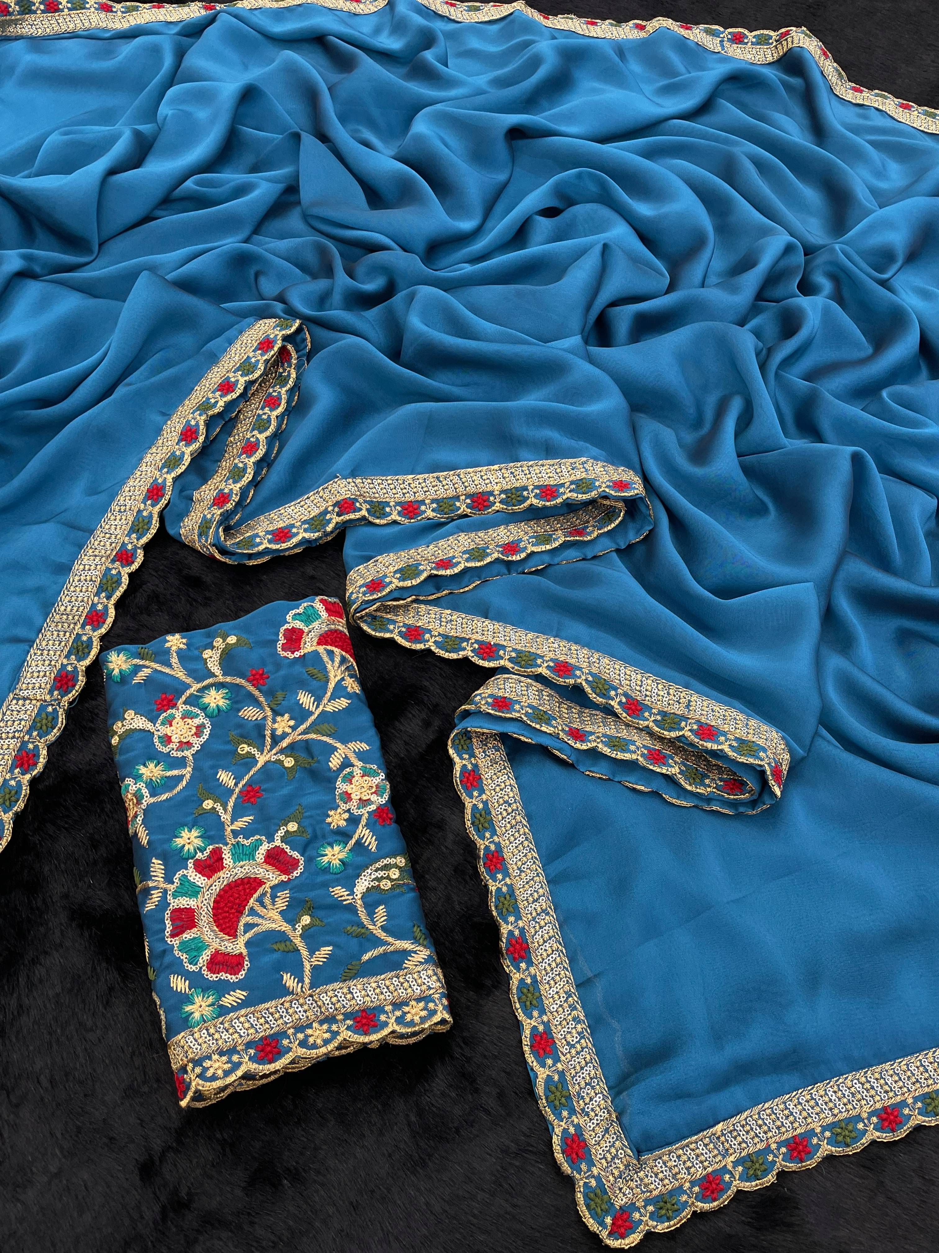     			Gullak Crepe Embroidered Saree With Unstitched Blouse Piece ( Teal )