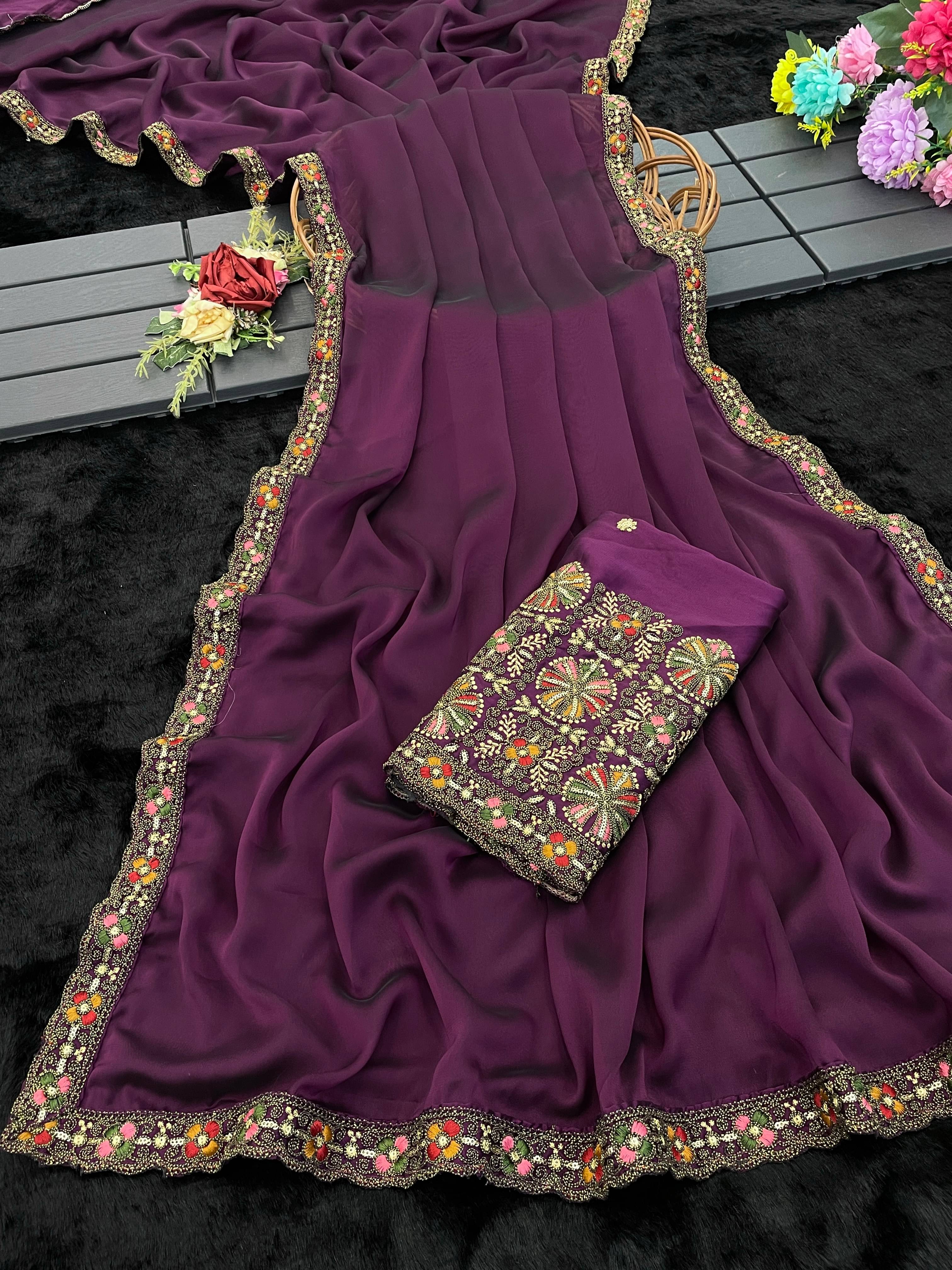     			Gullak Crepe Embroidered Saree With Unstitched Blouse Piece ( Purple )