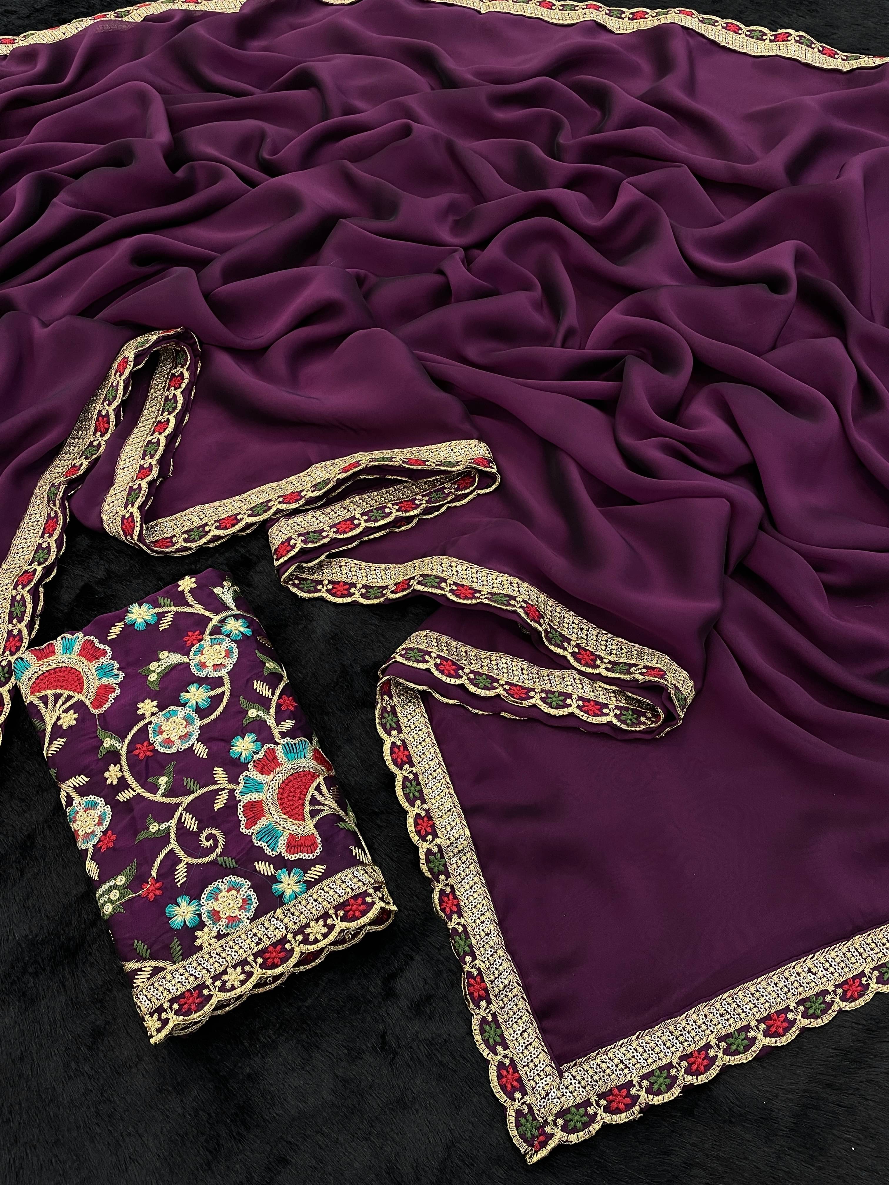     			Gullak Crepe Embroidered Saree With Unstitched Blouse Piece ( Purple )