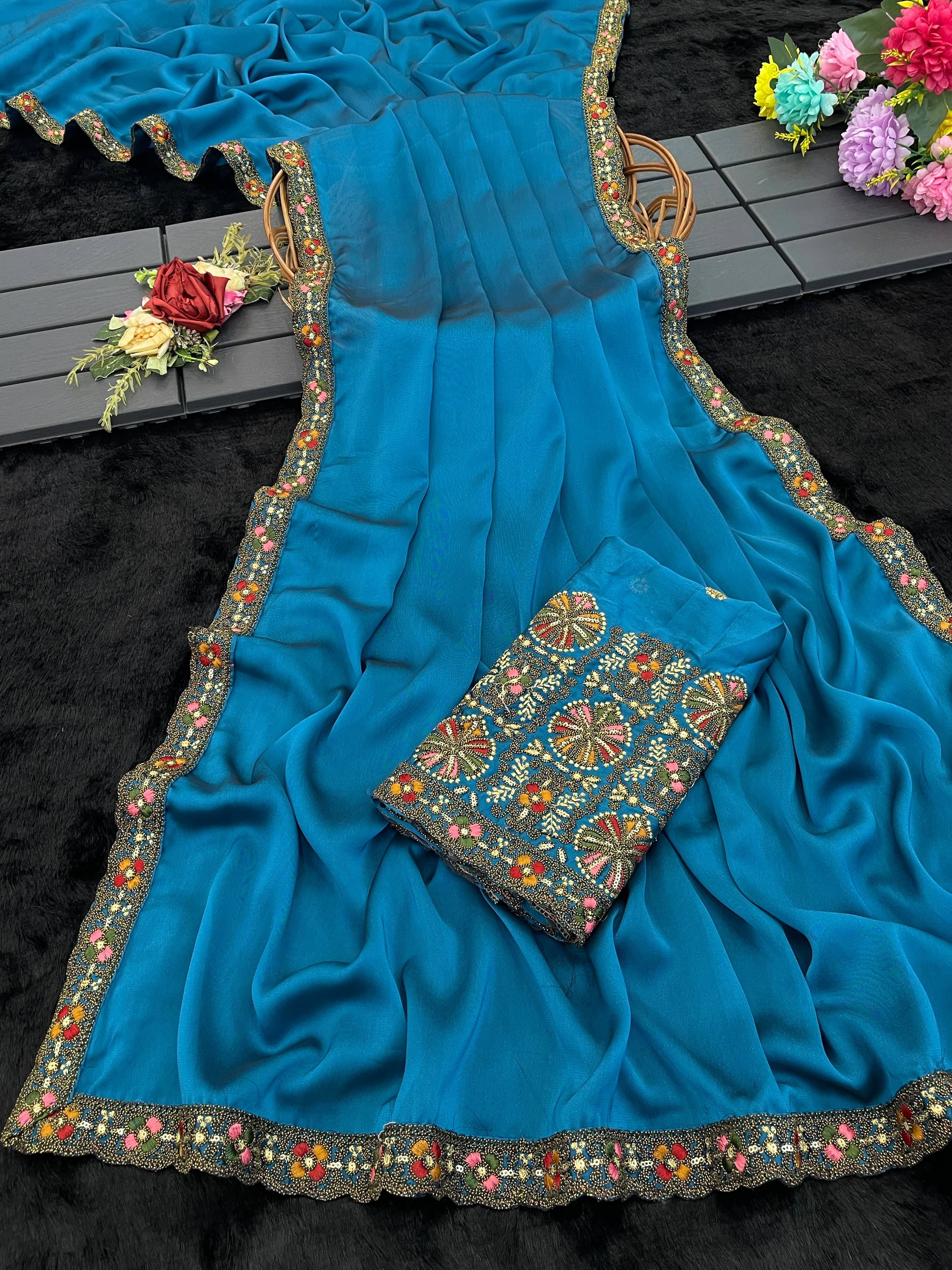     			Gullak Crepe Embroidered Saree With Unstitched Blouse Piece ( Teal )