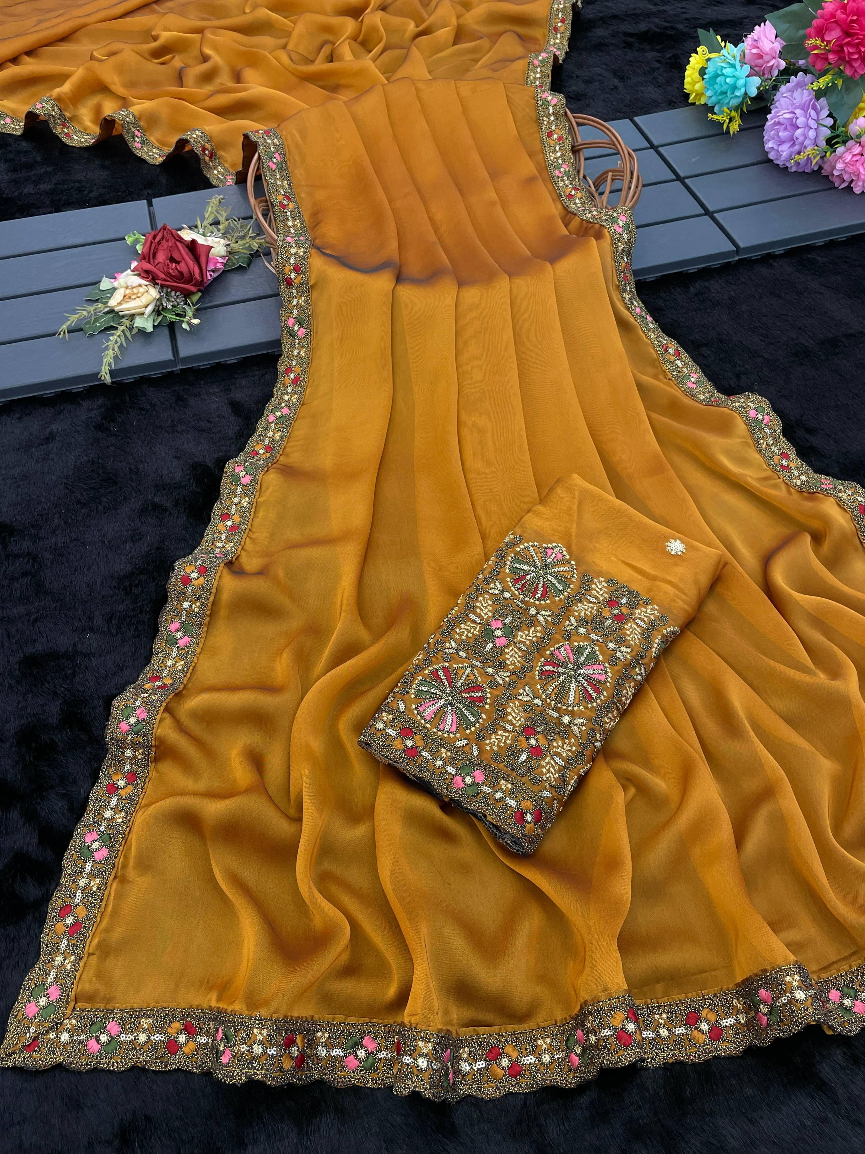 Gullak Crepe Embroidered Saree With Unstitched Blouse Piece ( Gold ) Gullak Crepe Embroidered Saree With Unstitched Blouse Piece ( Gold )