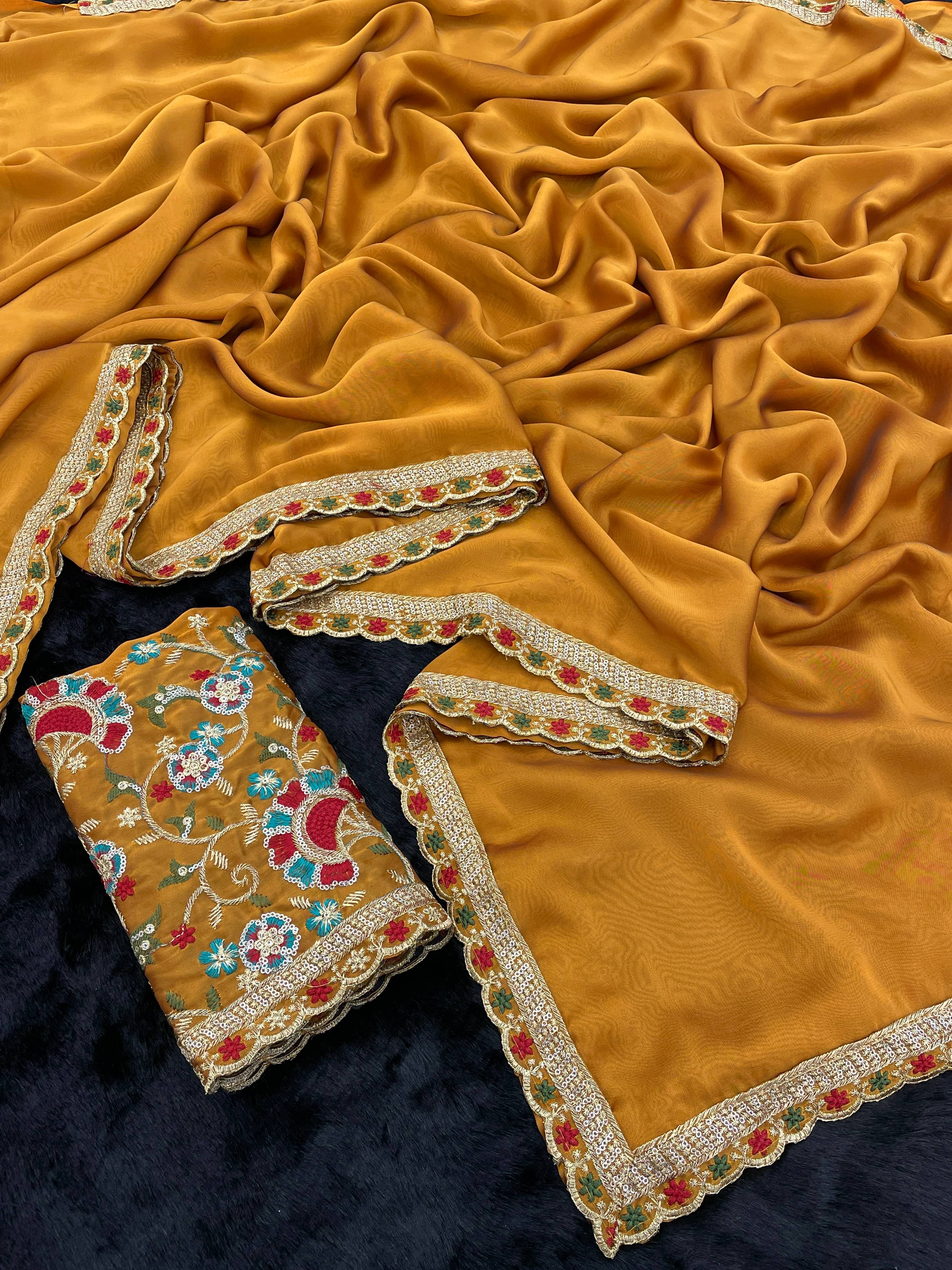     			Gullak Crepe Embroidered Saree With Unstitched Blouse Piece ( Gold )