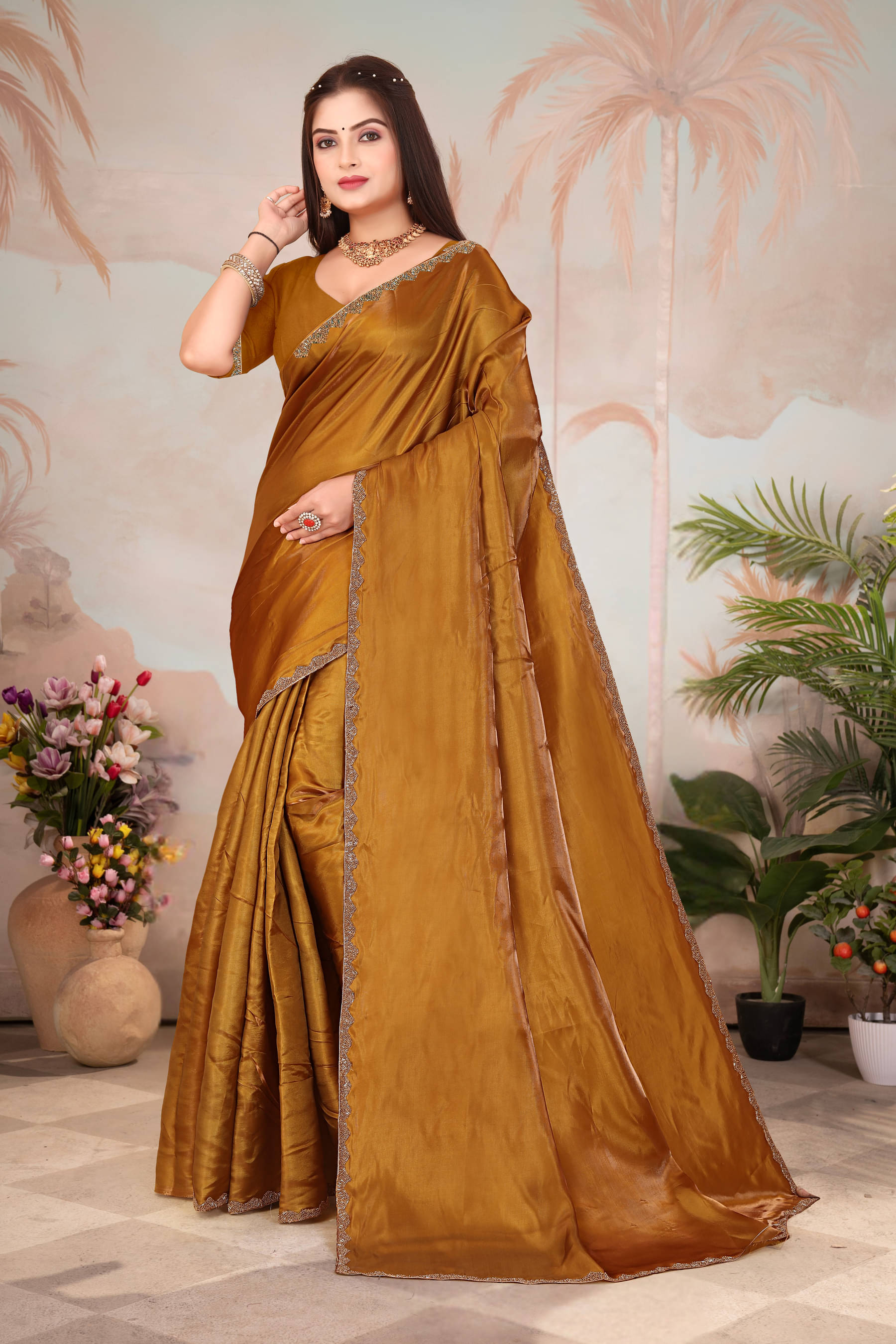     			HESOFY Zimmy Choo Solid Saree With Unstitched Blouse Piece ( Yellow )