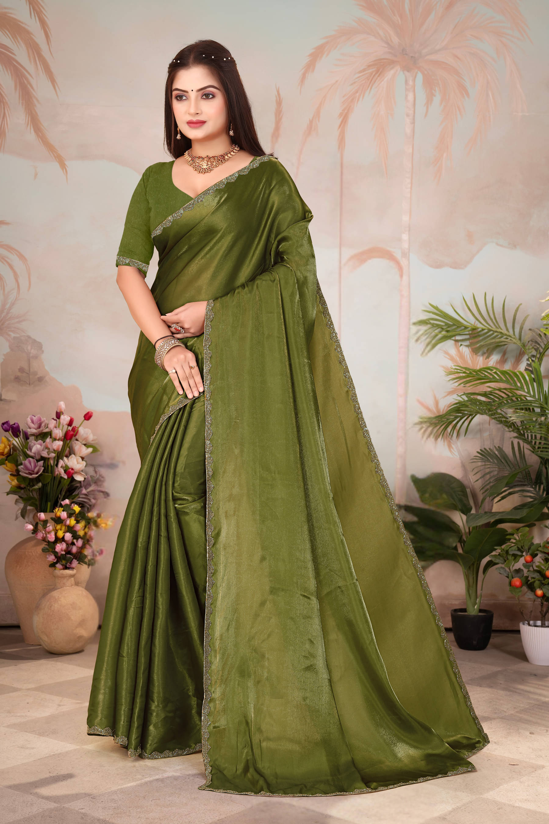     			HESOFY Zimmy Choo Solid Saree With Unstitched Blouse Piece ( Green )