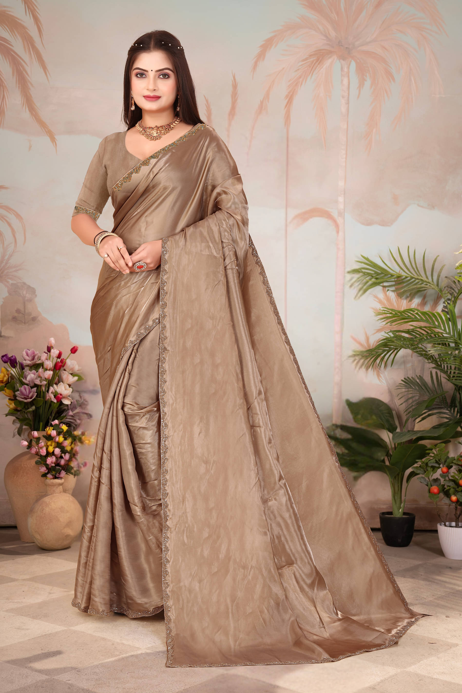     			HESOFY Zimmy Choo Solid Saree With Unstitched Blouse Piece ( Beige )
