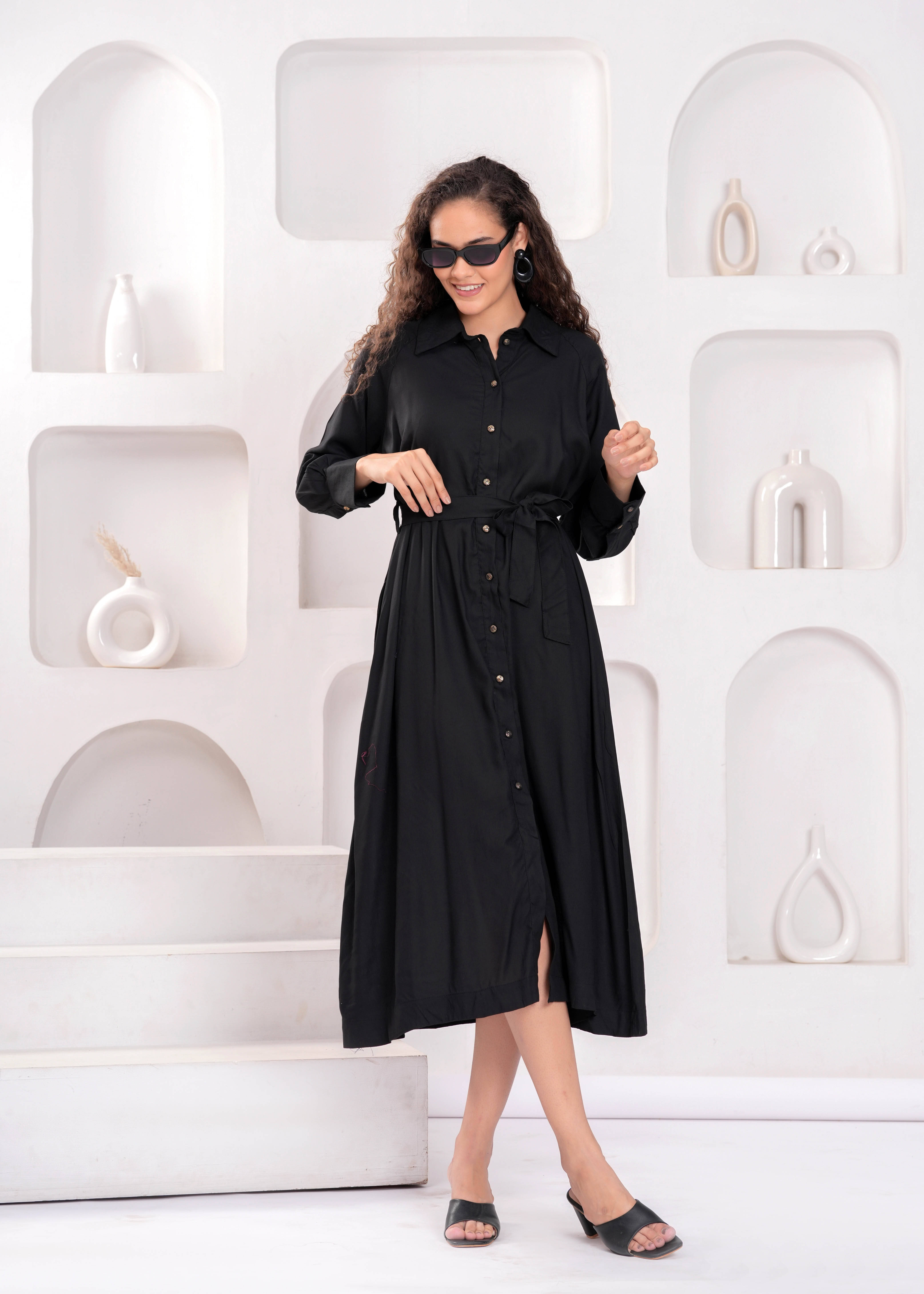     			JC4U Women Rayon Self Design Fit & Flare Dress ( Black )