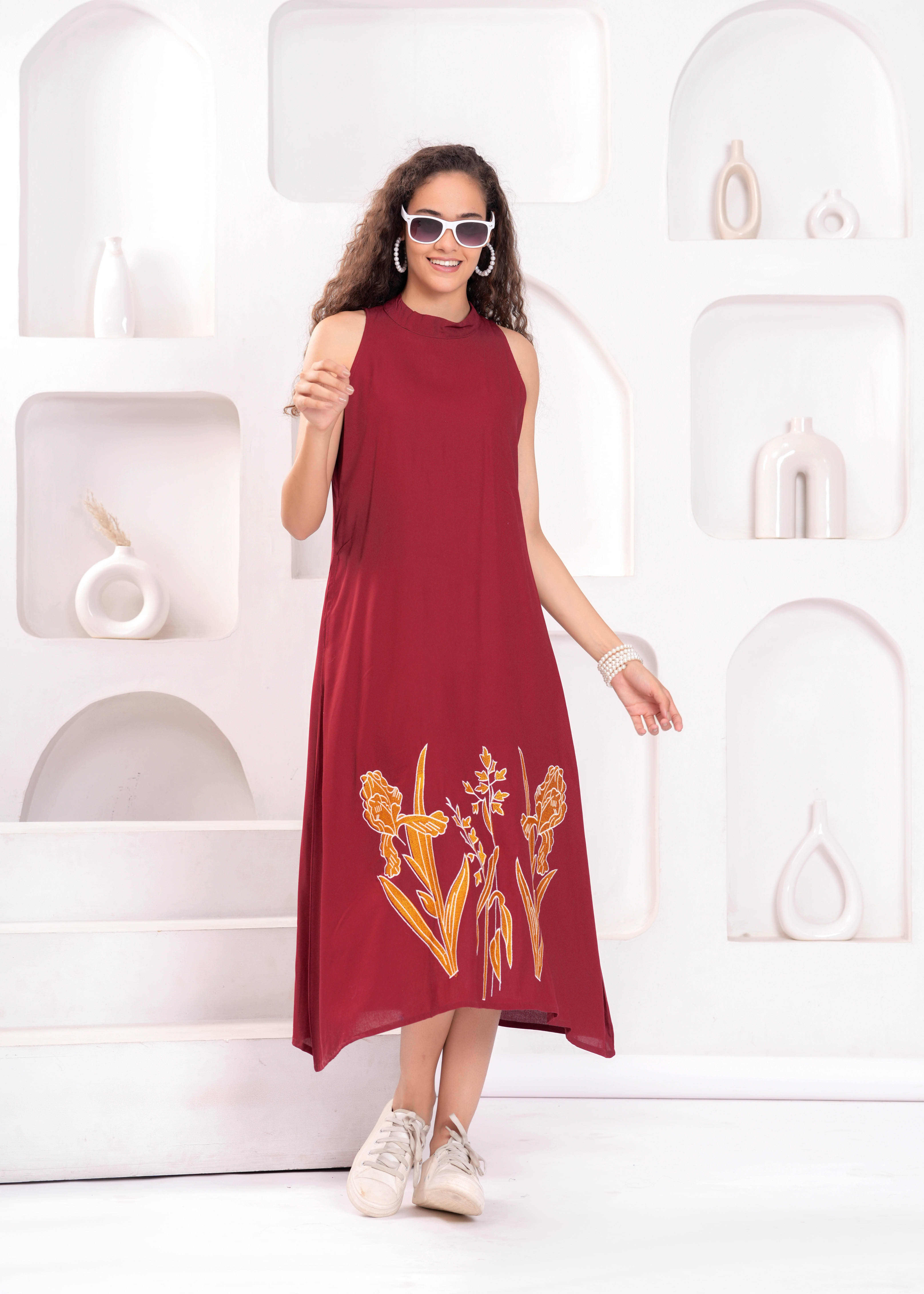     			JC4U Women Rayon Self Design Fit & Flare Dress ( Red )