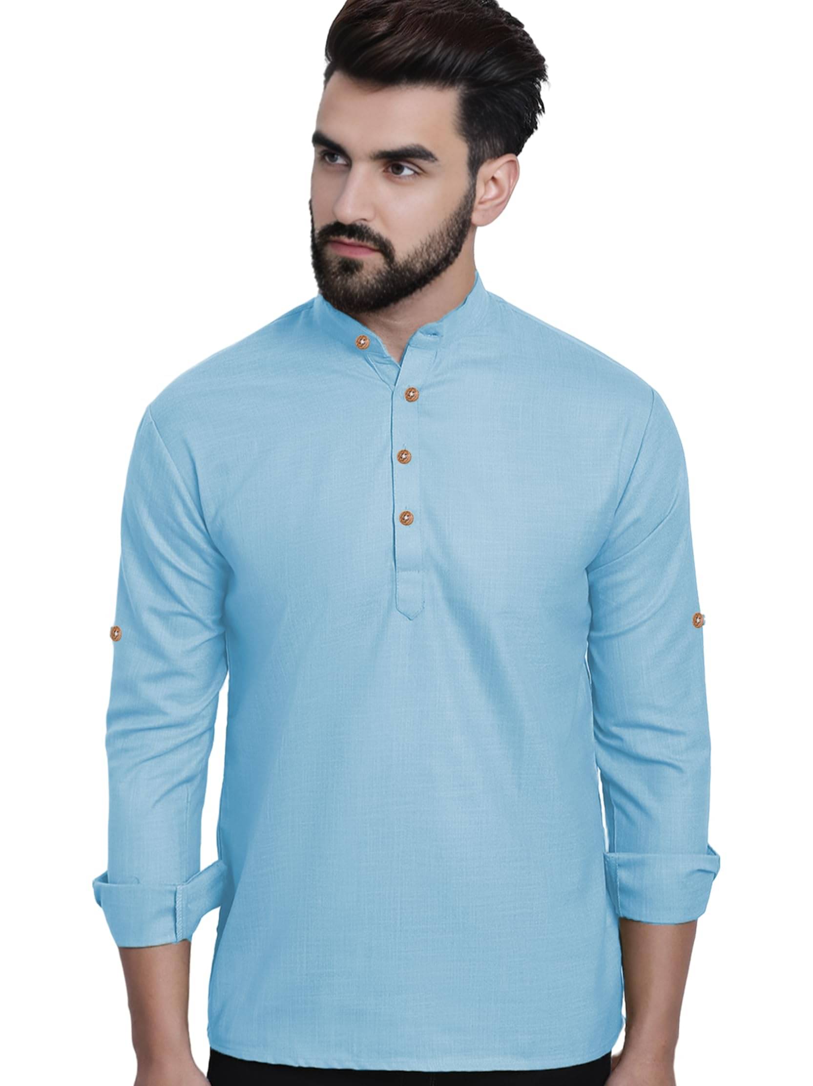 KNOWTED Sky Blue Cotton Men's Shirt Style Kurta ( Pack of 1 ) KNOWTED Sky Blue Cotton Men's Shirt Style Kurta ( Pack of 1 )