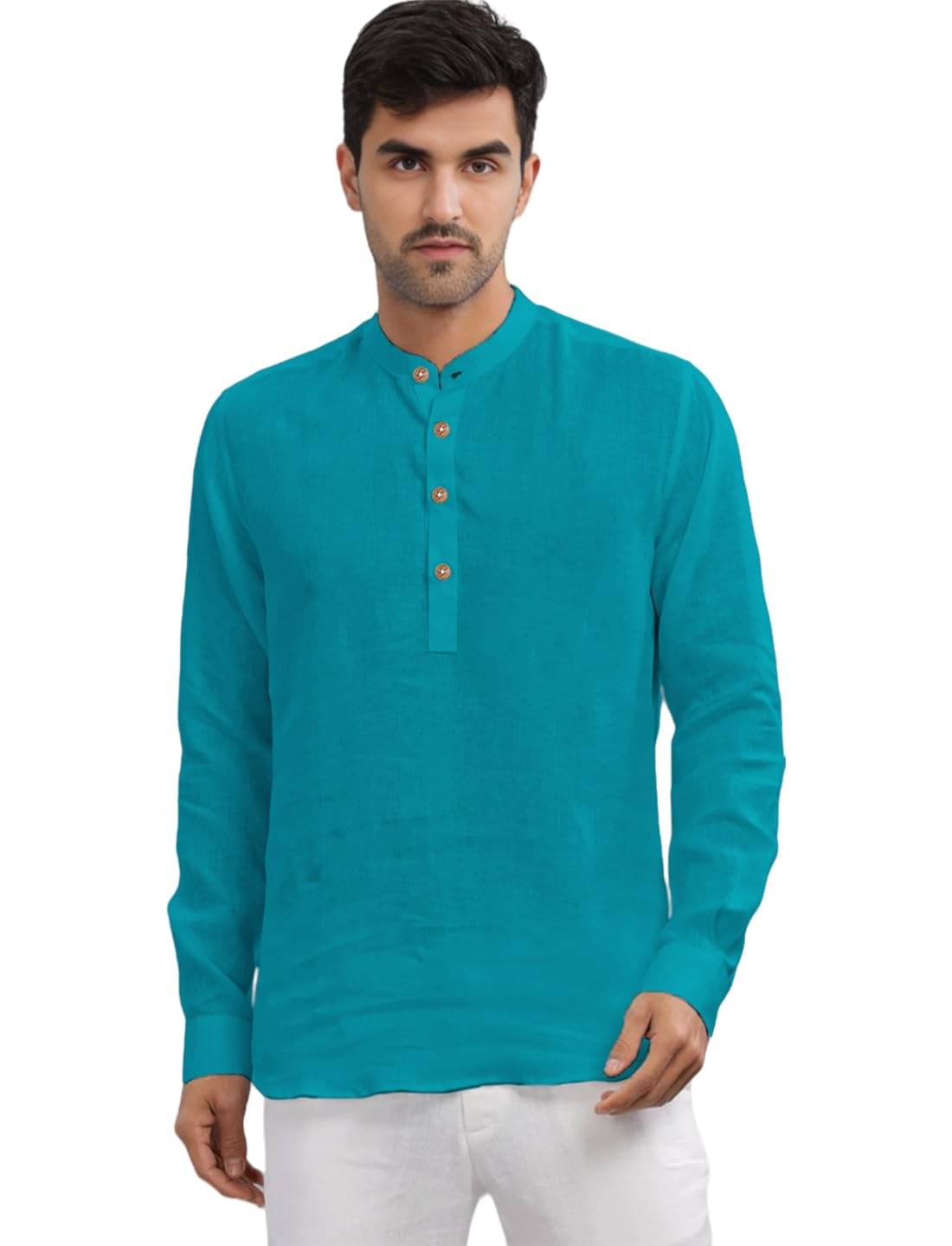     			KNOWTED Turquoise Cotton Men's Shirt Style Kurta ( Pack of 1 )