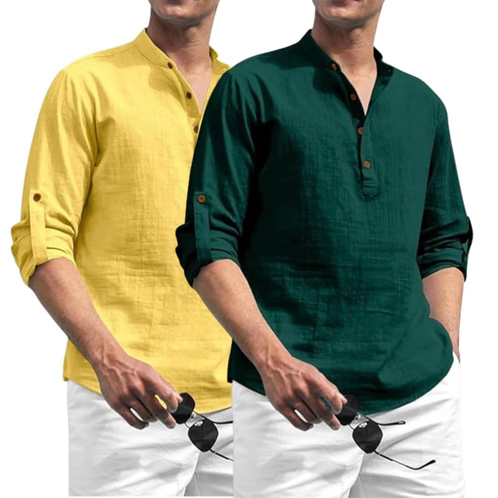 KNOWTED Yellow Cotton Men's Shirt Style Kurta ( Pack of 2 ) KNOWTED Yellow Cotton Men's Shirt Style Kurta ( Pack of 2 )