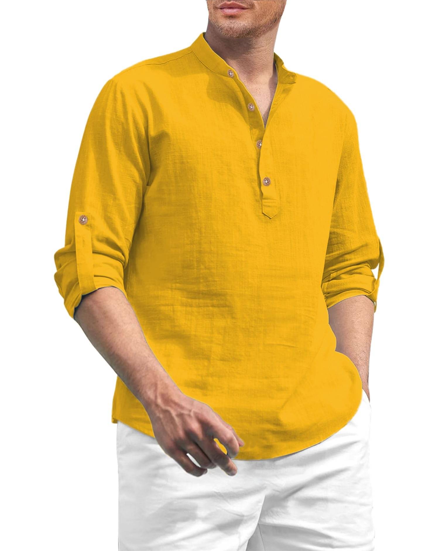     			KNOWTED Yellow Cotton Men's Shirt Style Kurta ( Pack of 1 )