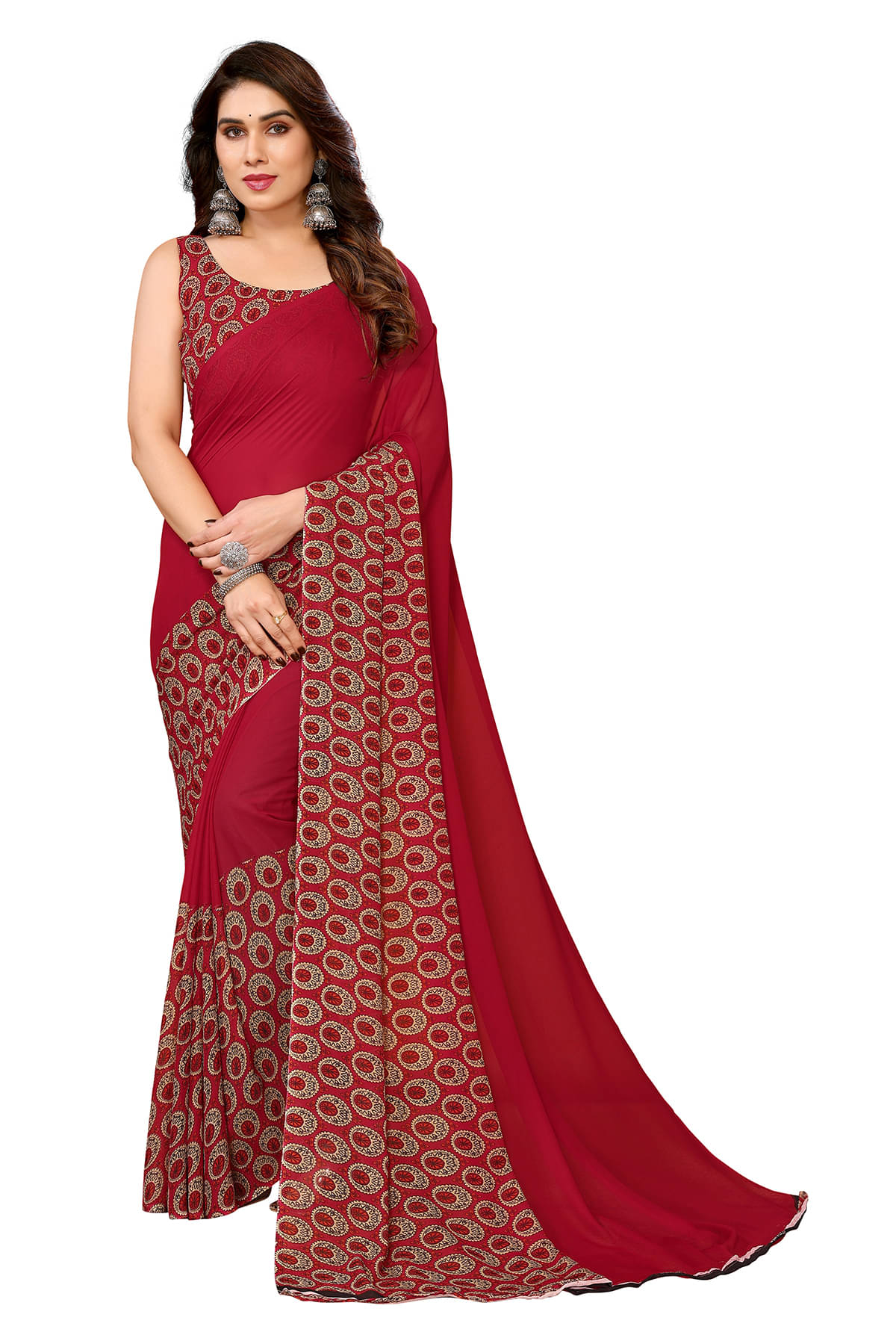     			Kashvi Sarees Georgette Printed Chanderi saree With Unstitched Blouse Piece ( Red )