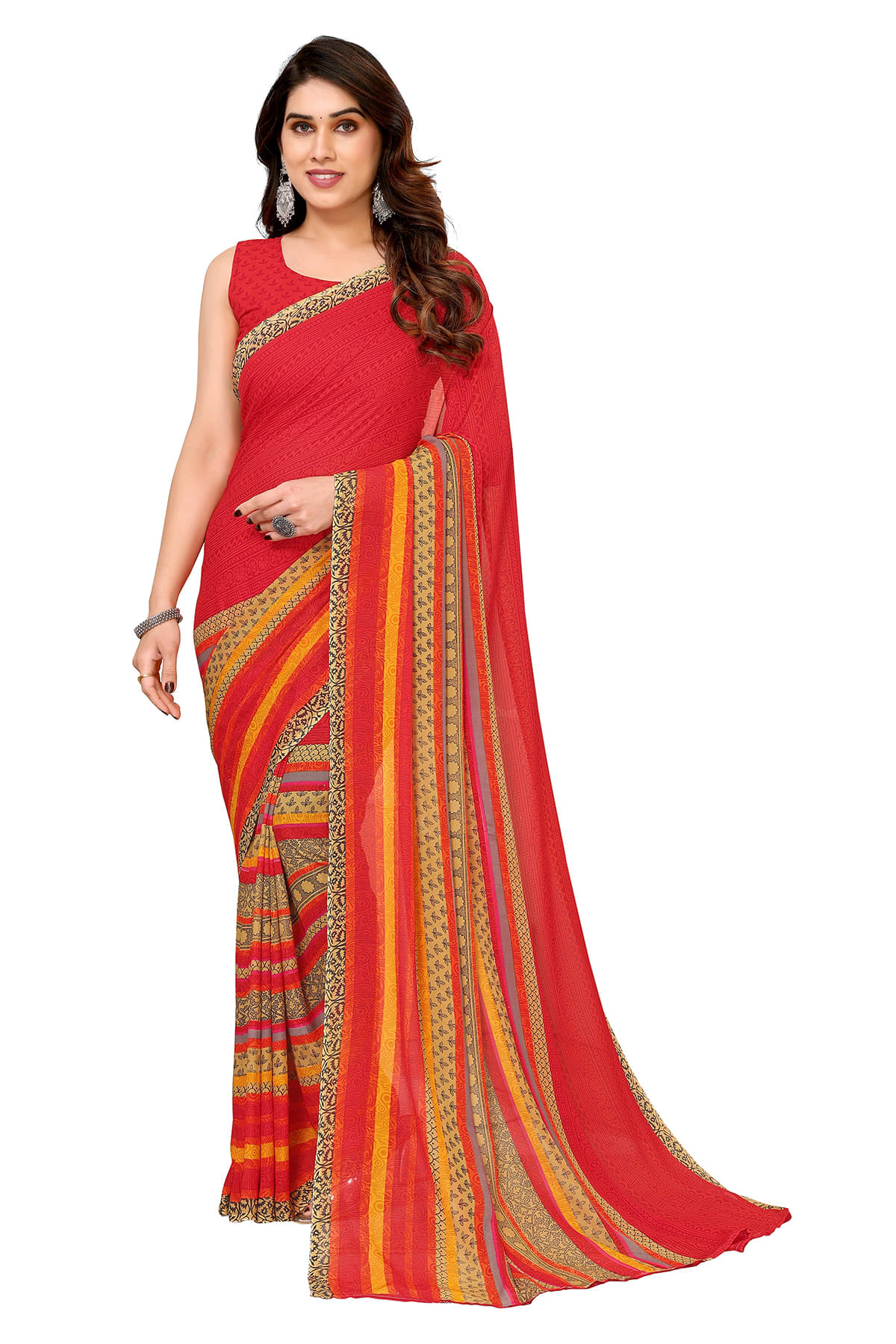     			Kashvi Sarees Georgette Printed Chanderi saree With Unstitched Blouse Piece ( Red )