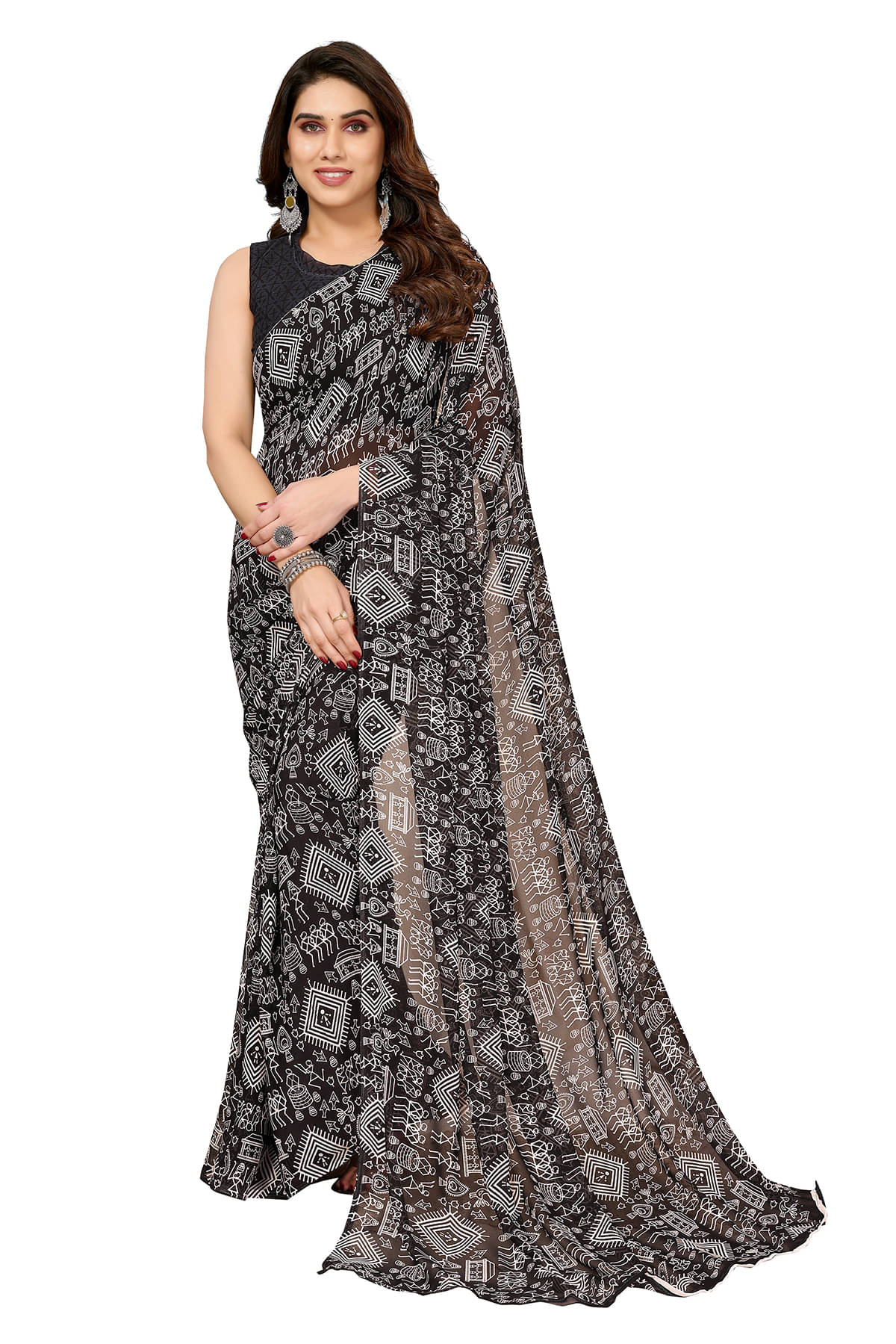     			Kashvi Sarees Georgette Printed Chanderi saree With Unstitched Blouse Piece ( Black )
