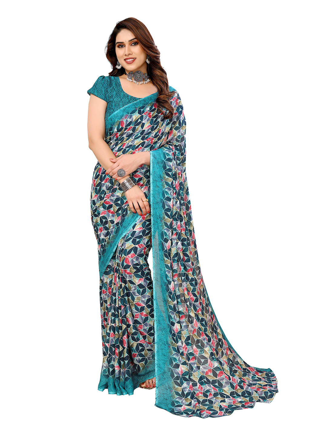     			Kashvi Sarees Georgette Printed Chanderi saree With Unstitched Blouse Piece ( Green )