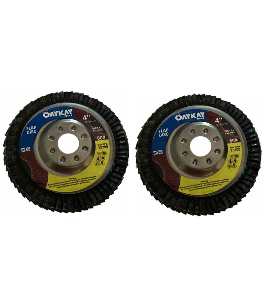 OAYKAY TOOLS 4X60 GRIT FLAP DISC MET@L B@CKING HEAVY DUTY SET OF 2 OAYKAY TOOLS 4X60 GRIT FLAP DISC MET@L B@CKING HEAVY DUTY SET OF 2