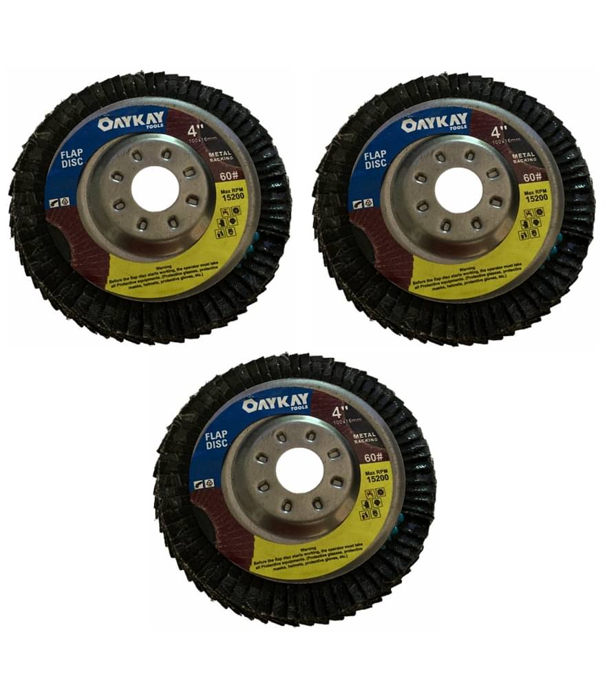 OAYKAY TOOLS 4X60 GRIT FLAP DISC MET@L B@CKING HEAVY DUTY PACK OF 3 OAYKAY TOOLS 4X60 GRIT FLAP DISC MET@L B@CKING HEAVY DUTY PACK OF 3