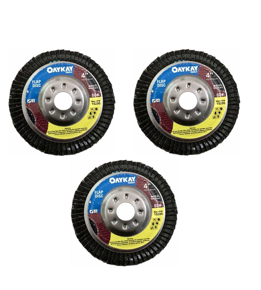     			OAYKAY TOOLS 4X80 GRIT FLAP DISC MET@L B@CKING HEAVY DUTY SET OF 3