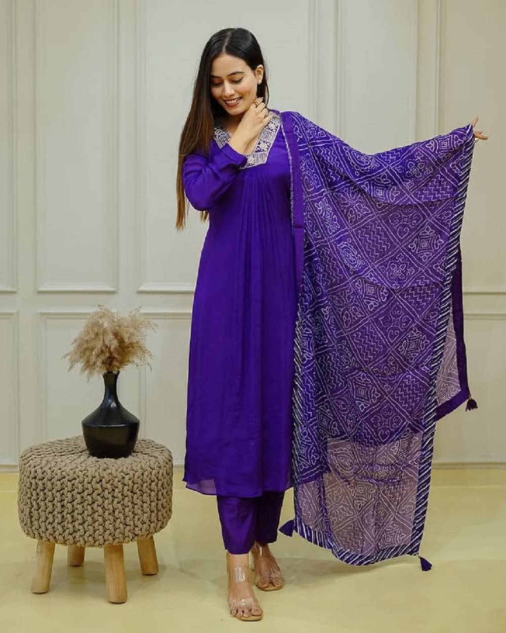     			PURVAIYA CREATION Women Silk Blend Embroidered A-line Kurti With Pants ( Purple )