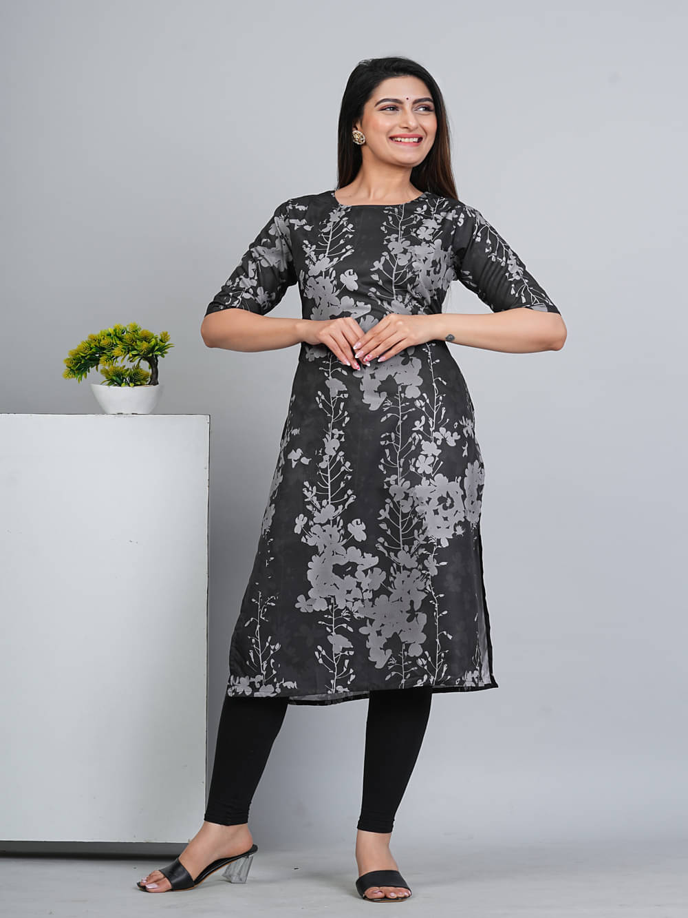 RIAANA Women Crepe Printed A-line Kurti ( Black ) RIAANA Women Crepe Printed A-line Kurti ( Black )