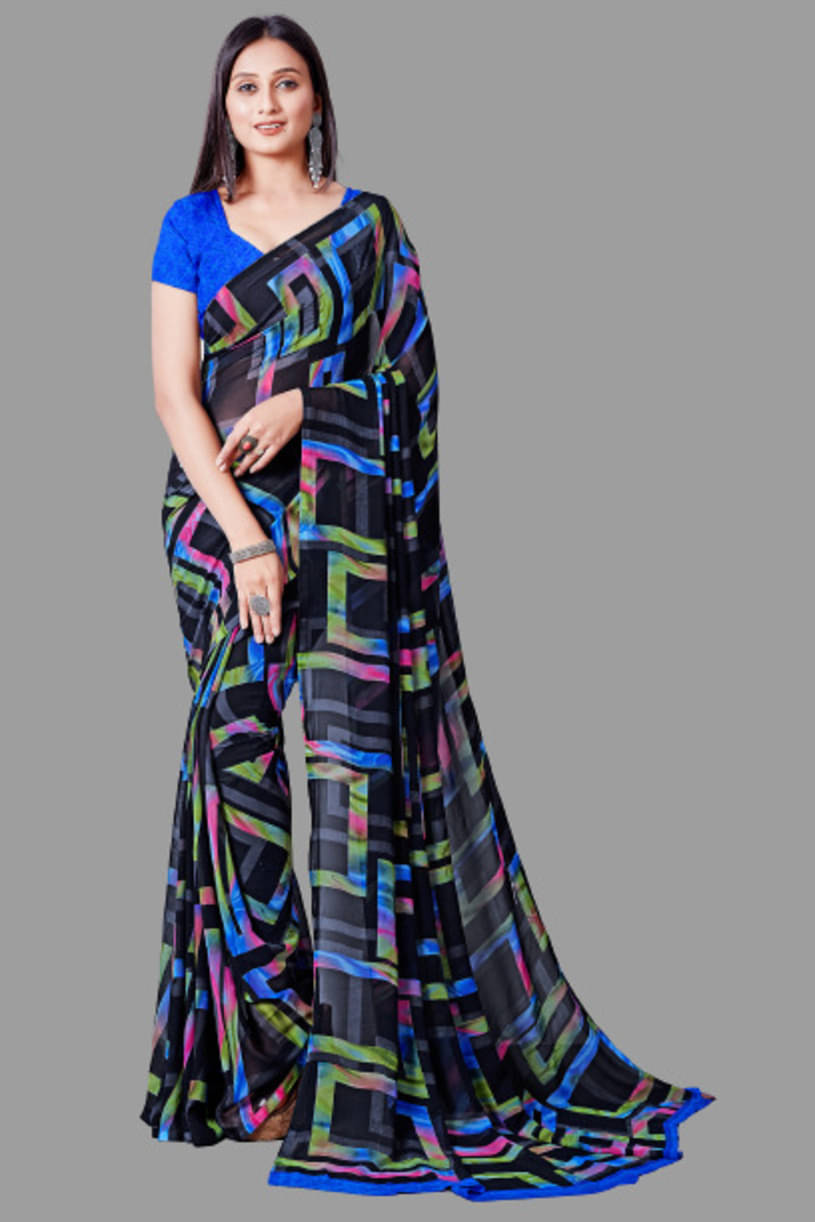     			SHIRODHARI Georgette Printed Saree With Unstitched Blouse Piece ( Blue )