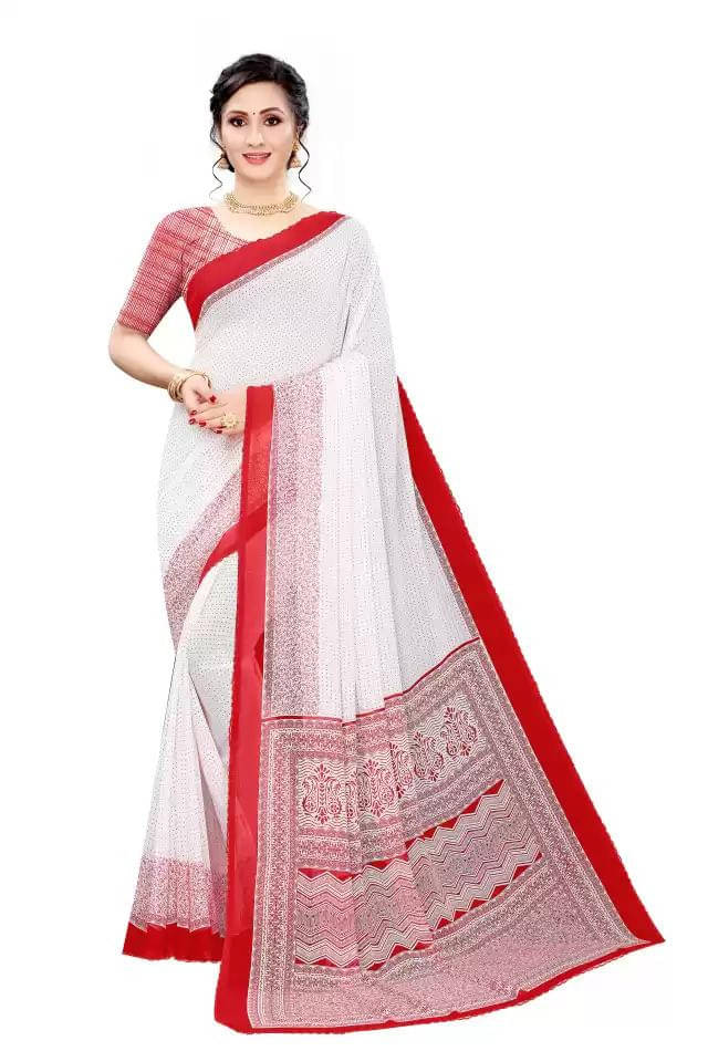 SHIRODHARI Georgette Printed Saree With Unstitched Blouse Piece ( Red ) SHIRODHARI Georgette Printed Saree With Unstitched Blouse Piece ( Red )