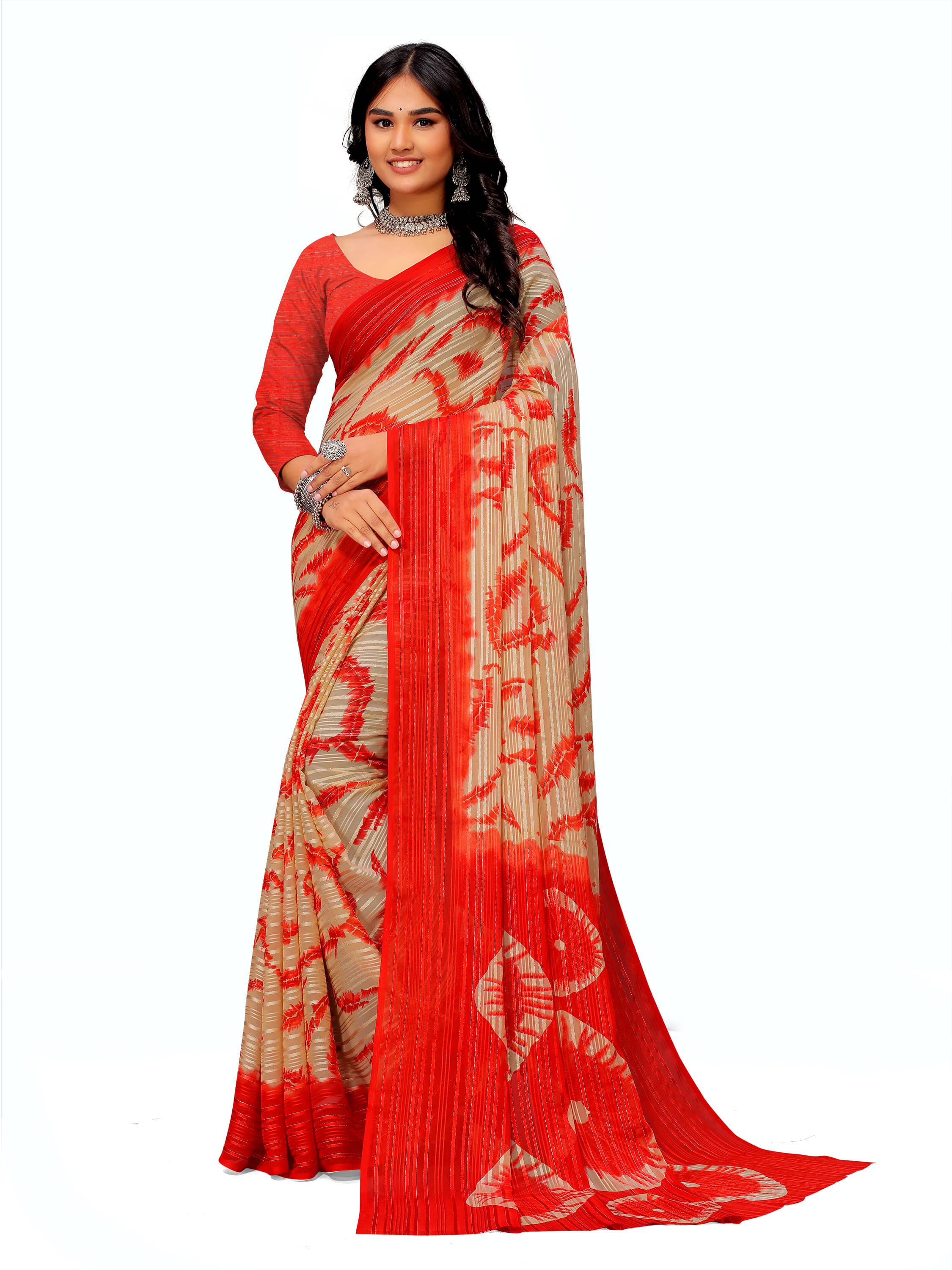     			SHIRODHARI Georgette Printed Saree With Unstitched Blouse Piece ( Red )
