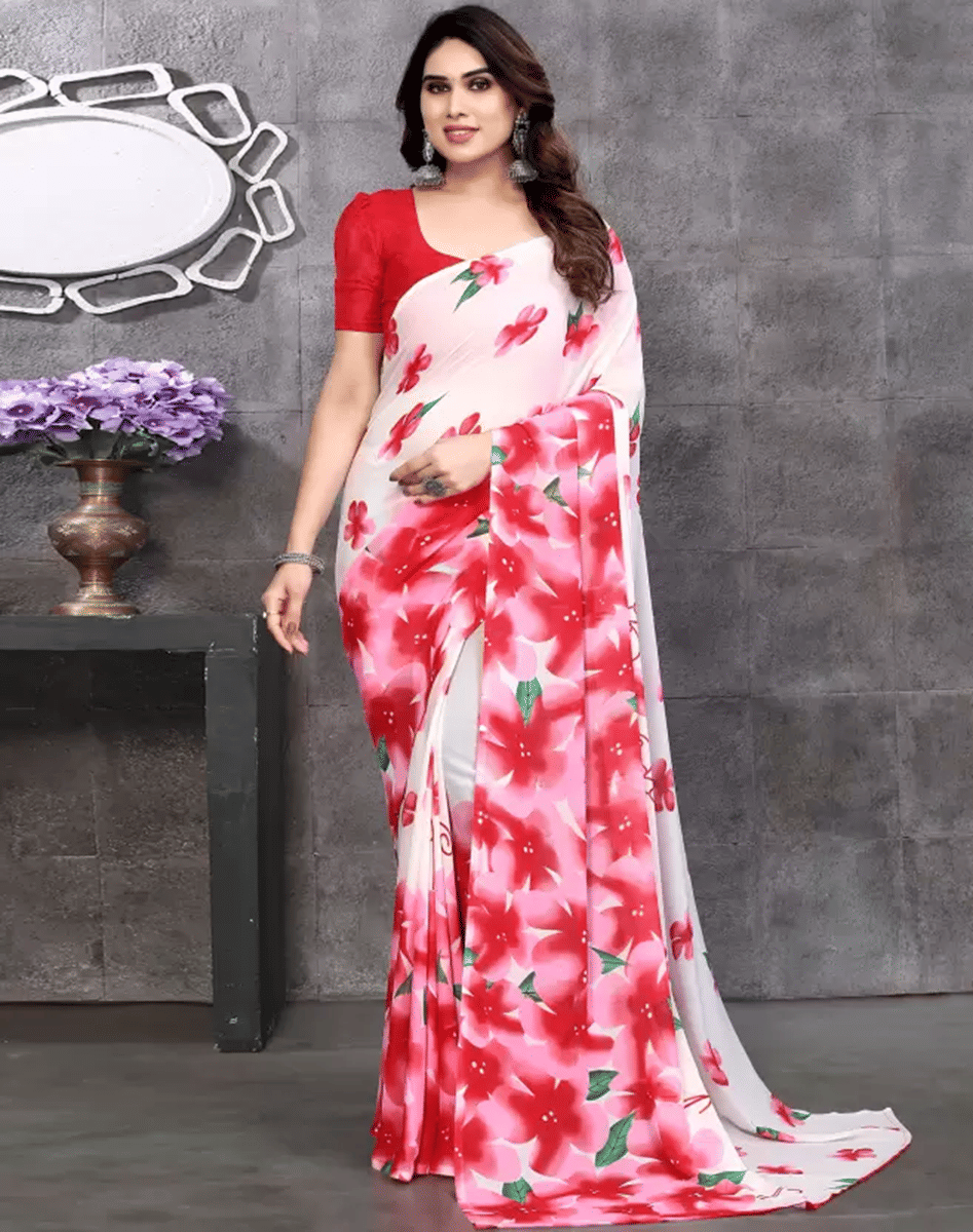     			SHIRODHARI Georgette Printed Saree With Unstitched Blouse Piece ( Pink )
