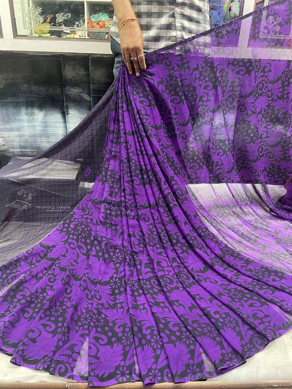 SHIRODHARI Georgette Printed Saree With Unstitched Blouse Piece ( Purple ) SHIRODHARI Georgette Printed Saree With Unstitched Blouse Piece ( Purple )