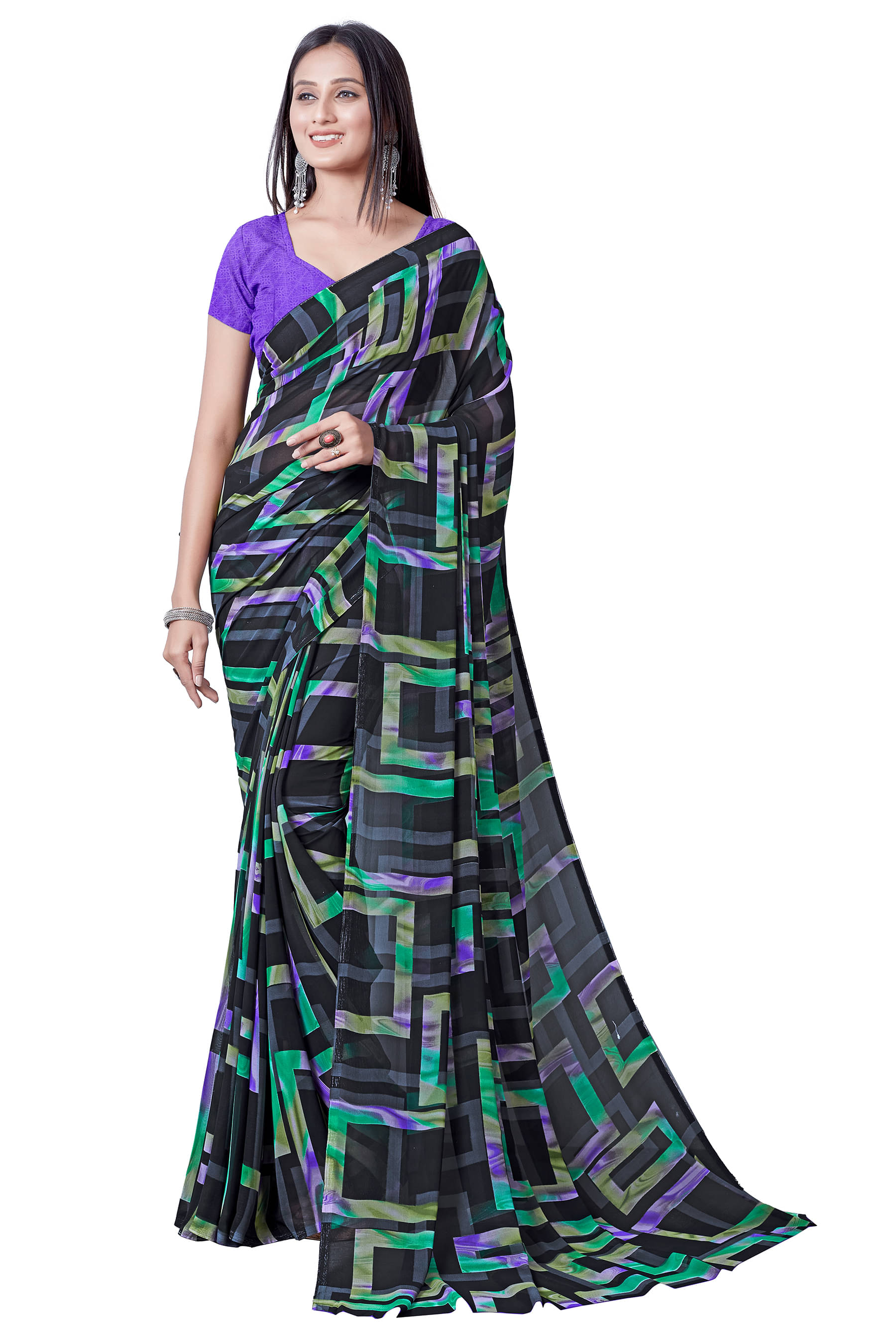     			SHIRODHARI Georgette Printed Saree With Unstitched Blouse Piece ( Green )
