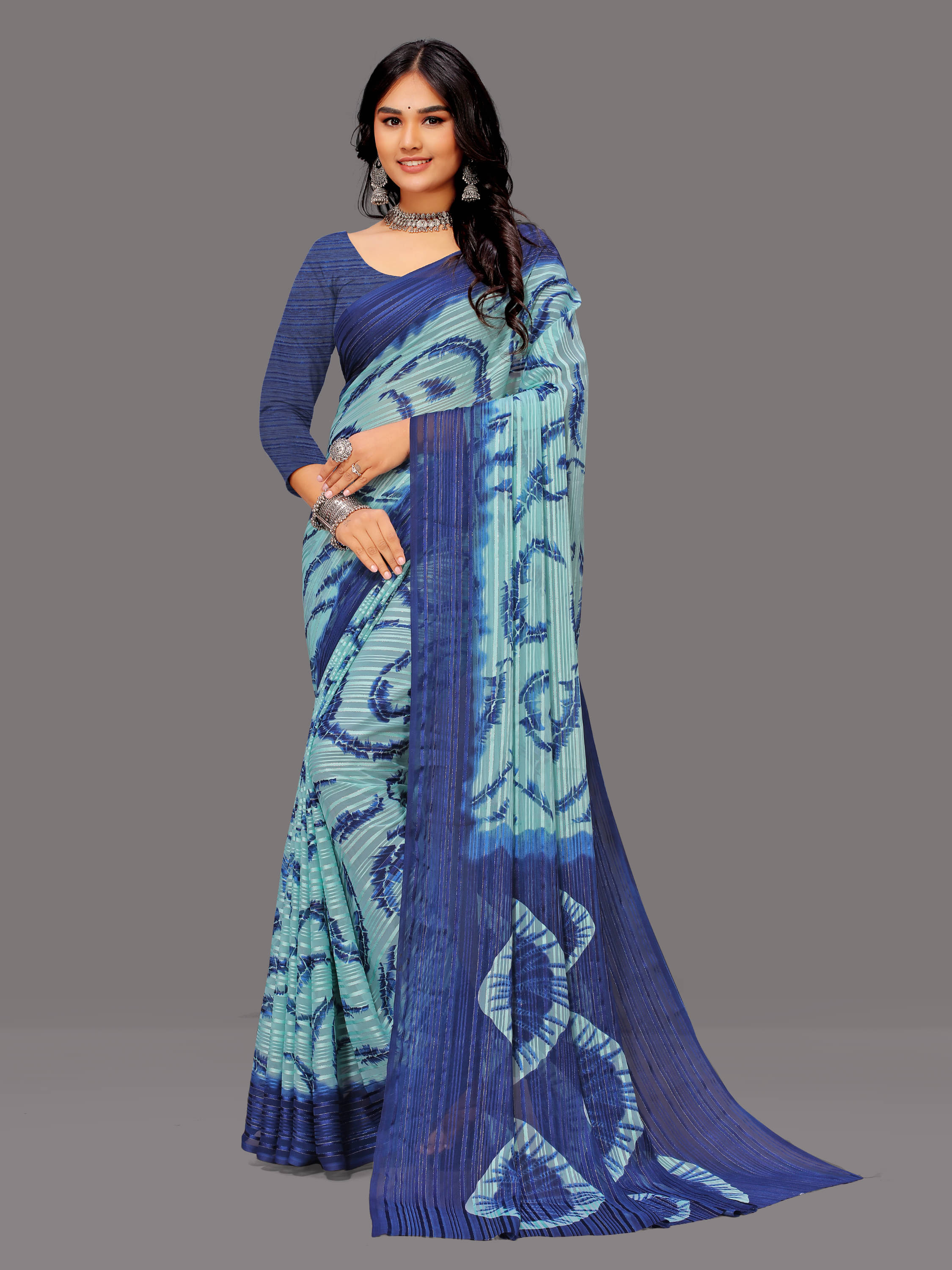 SHIRODHARI Georgette Printed Saree With Unstitched Blouse Piece ( Blue ) SHIRODHARI Georgette Printed Saree With Unstitched Blouse Piece ( Blue )