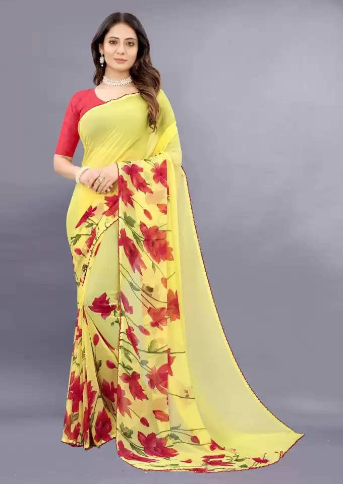 SHIRODHARI Georgette Printed Saree With Unstitched Blouse Piece ( Yellow ) SHIRODHARI Georgette Printed Saree With Unstitched Blouse Piece ( Yellow )