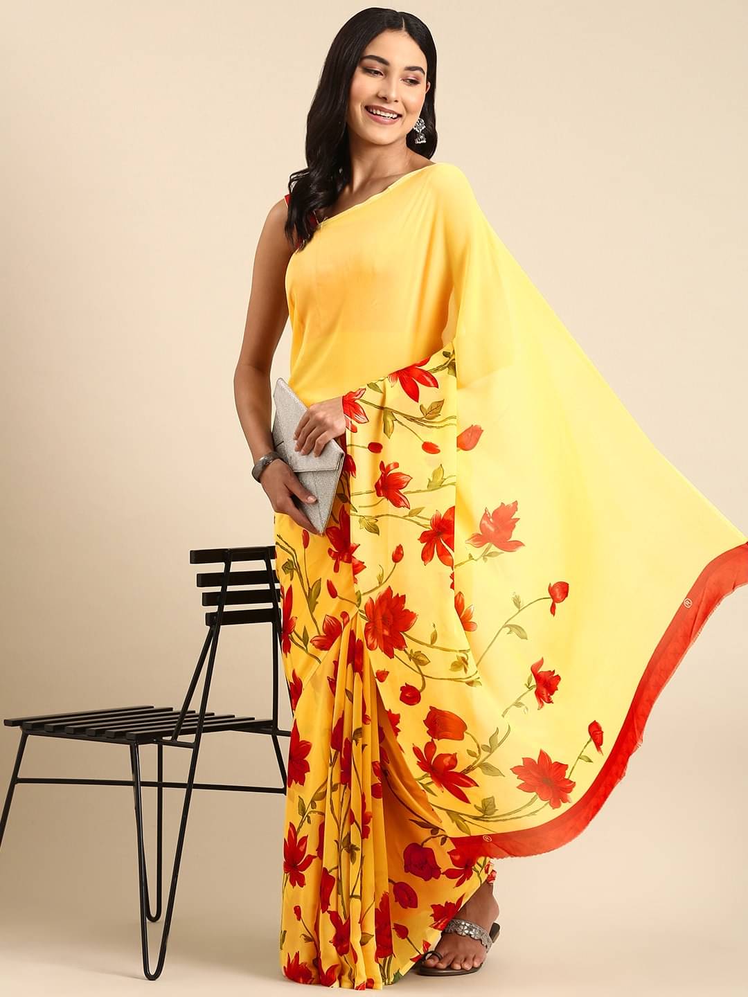 SHIRODHARI Georgette Printed Saree With Unstitched Blouse Piece ( Yellow ) SHIRODHARI Georgette Printed Saree With Unstitched Blouse Piece ( Yellow )