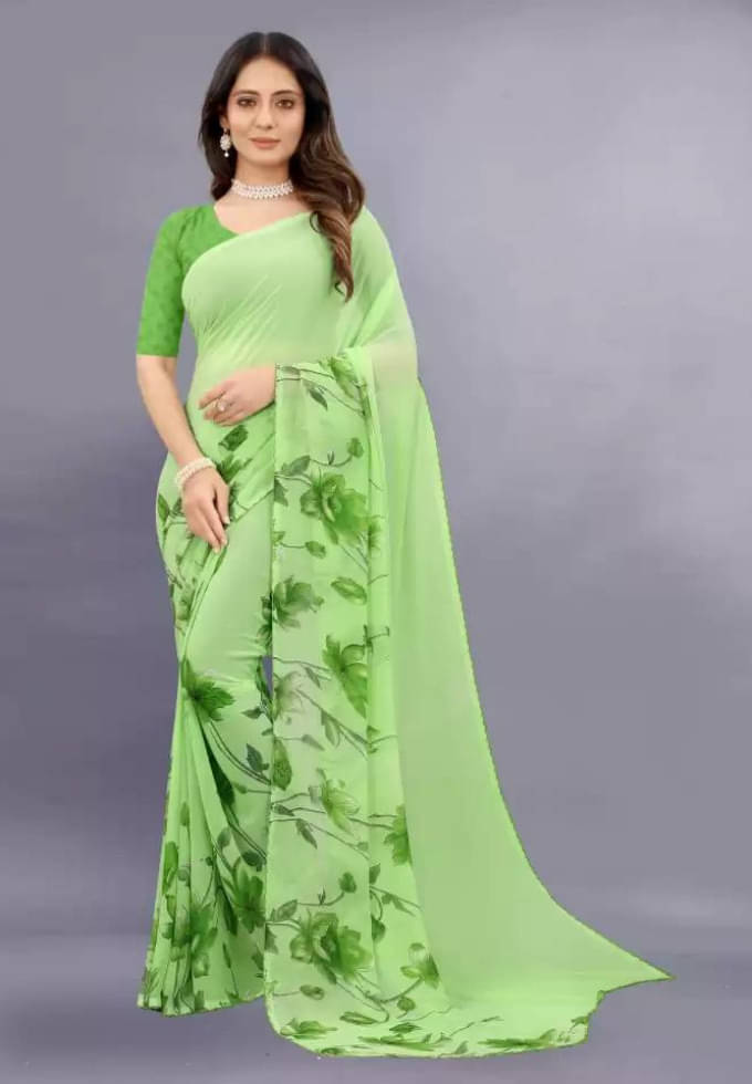     			SHIRODHARI Georgette Printed Saree With Unstitched Blouse Piece ( Green )