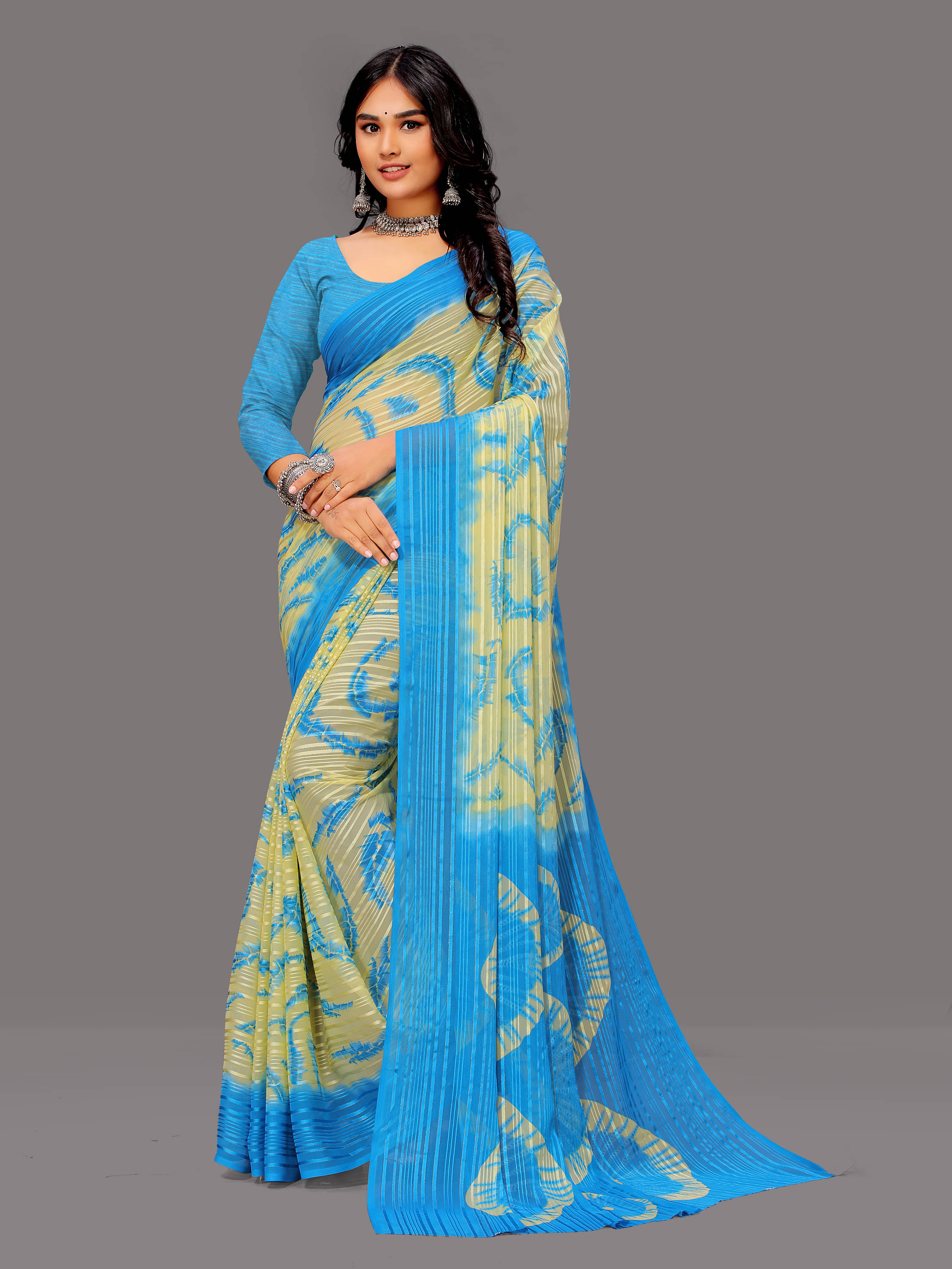 SHIRODHARI Georgette Printed Saree With Unstitched Blouse Piece ( Light Blue ) SHIRODHARI Georgette Printed Saree With Unstitched Blouse Piece ( Light Blue )