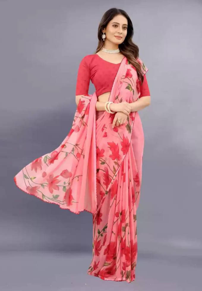 SHIRODHARI Georgette Printed Saree With Unstitched Blouse Piece ( Red ) SHIRODHARI Georgette Printed Saree With Unstitched Blouse Piece ( Red )