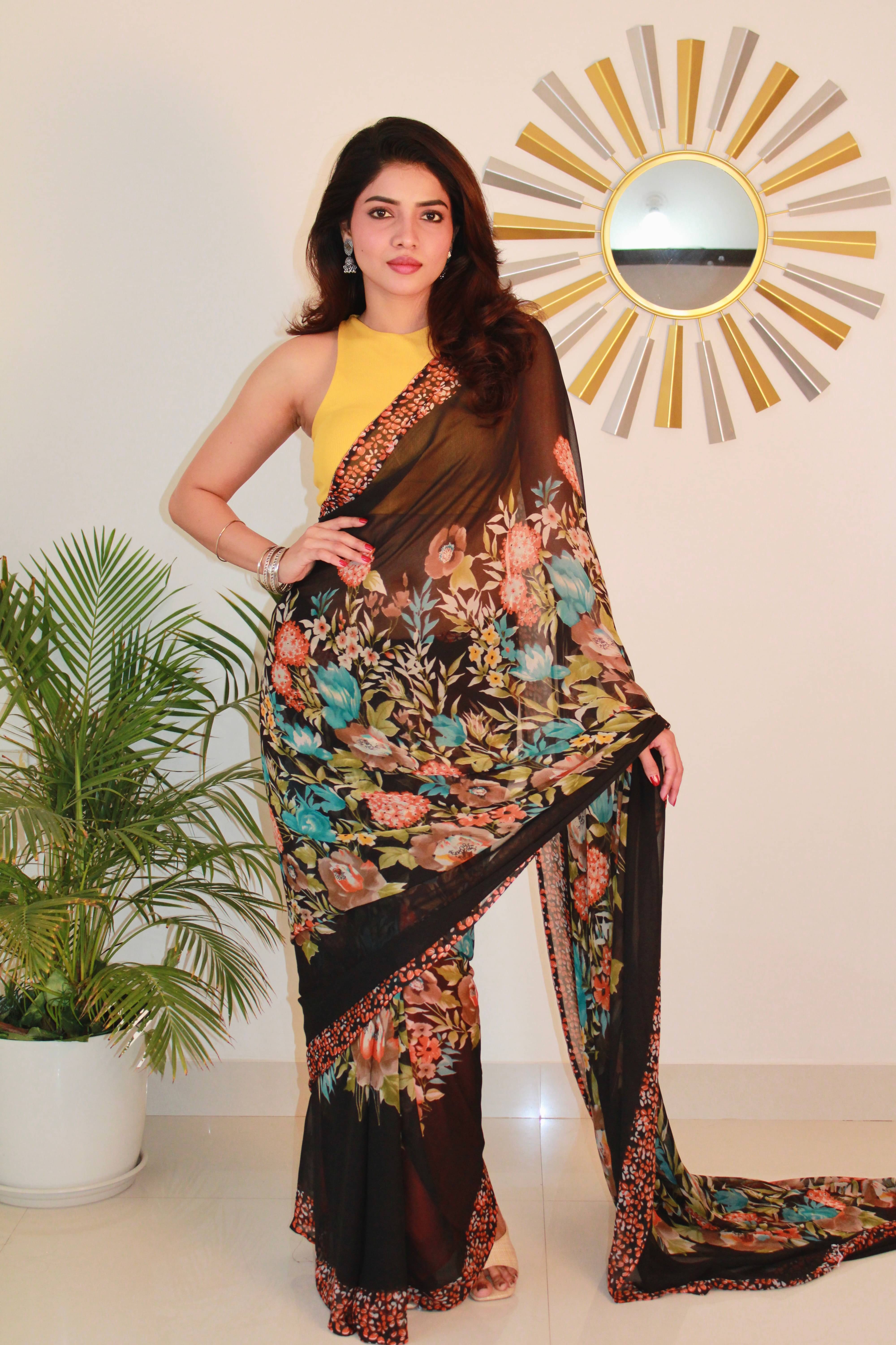     			SHIRODHARI Georgette Printed Saree With Unstitched Blouse Piece ( Yellow )